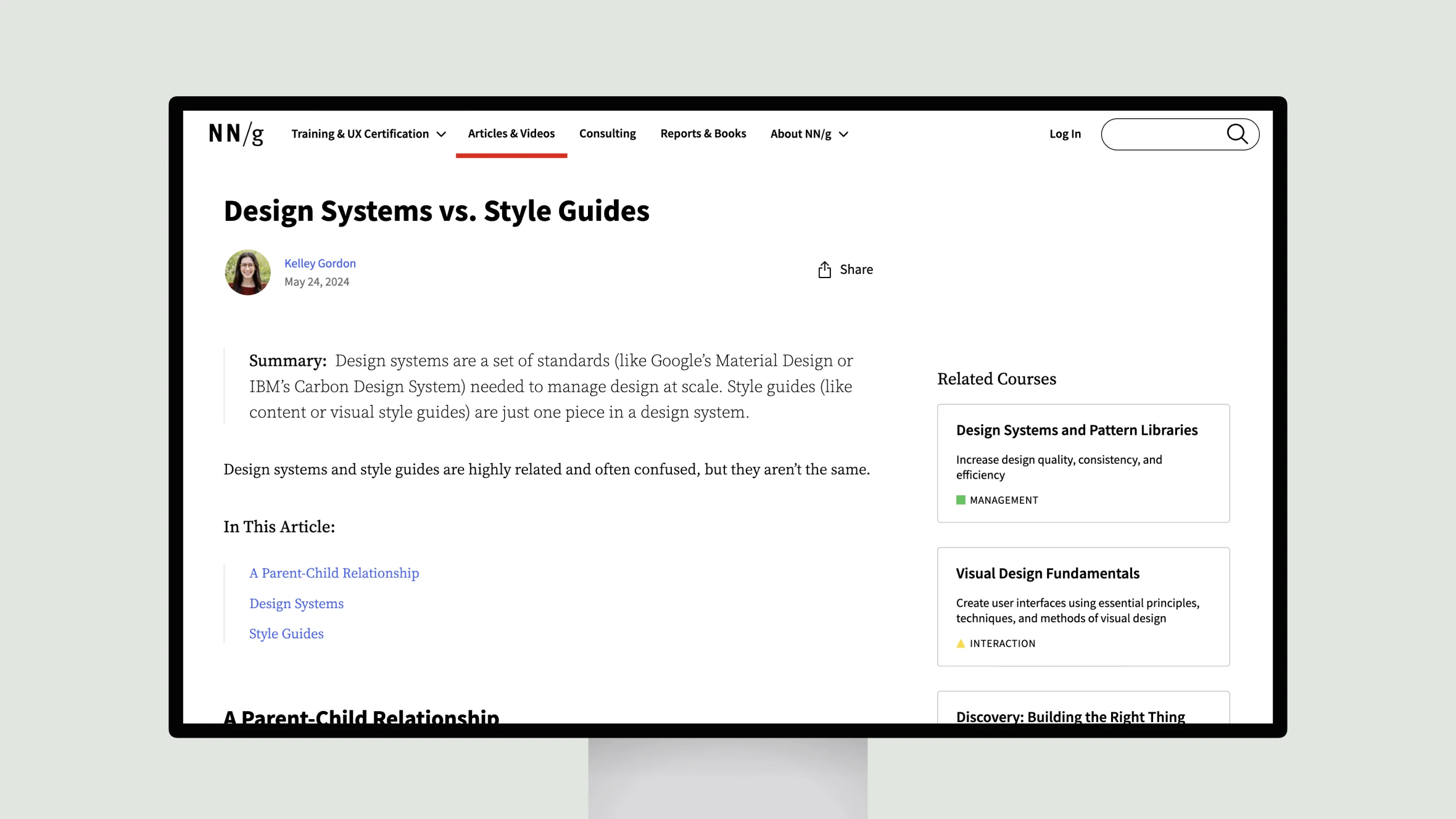 Webpage discussing differences between Design Systems and Style Guides