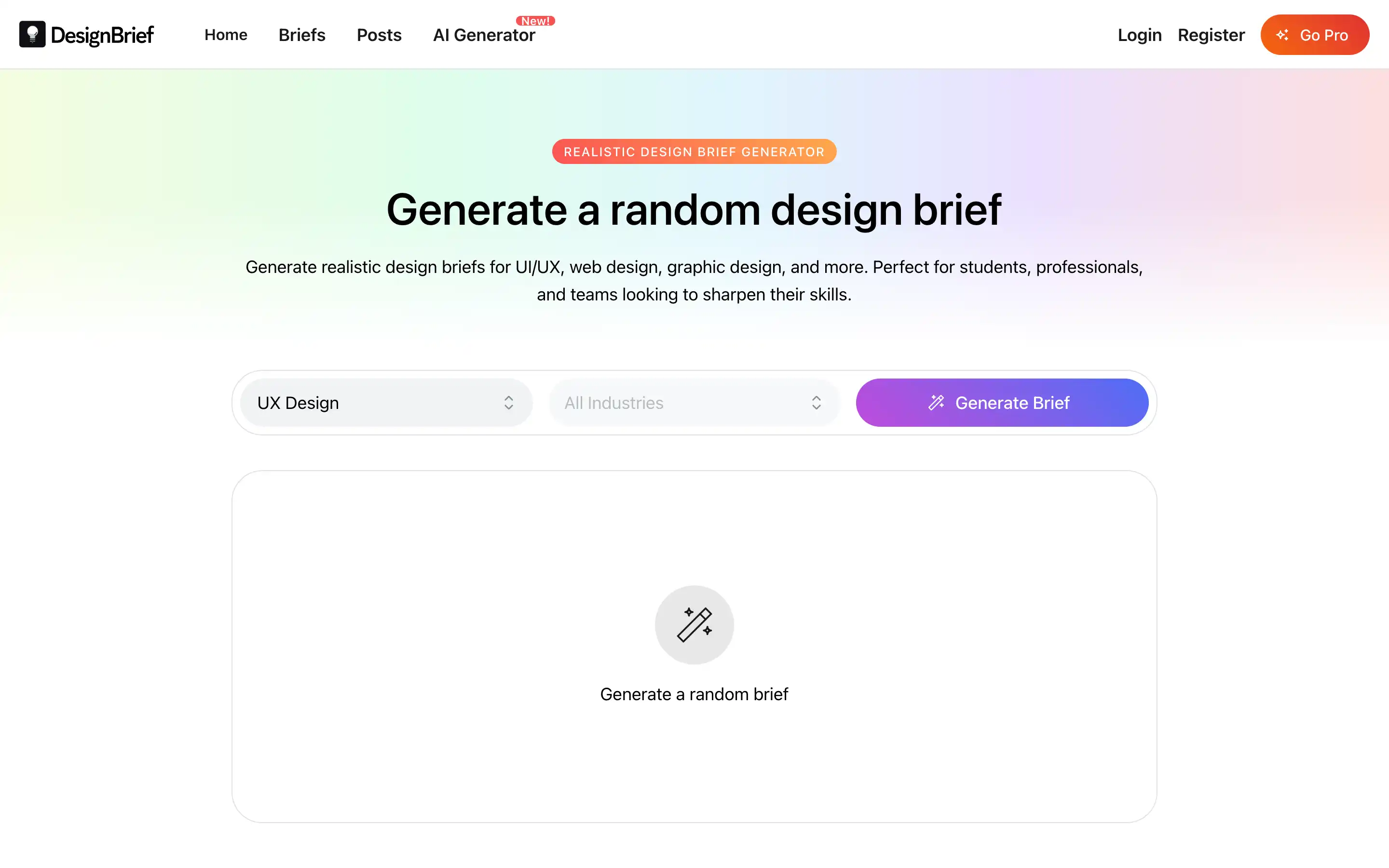 Random design brief generator for UX, web design.