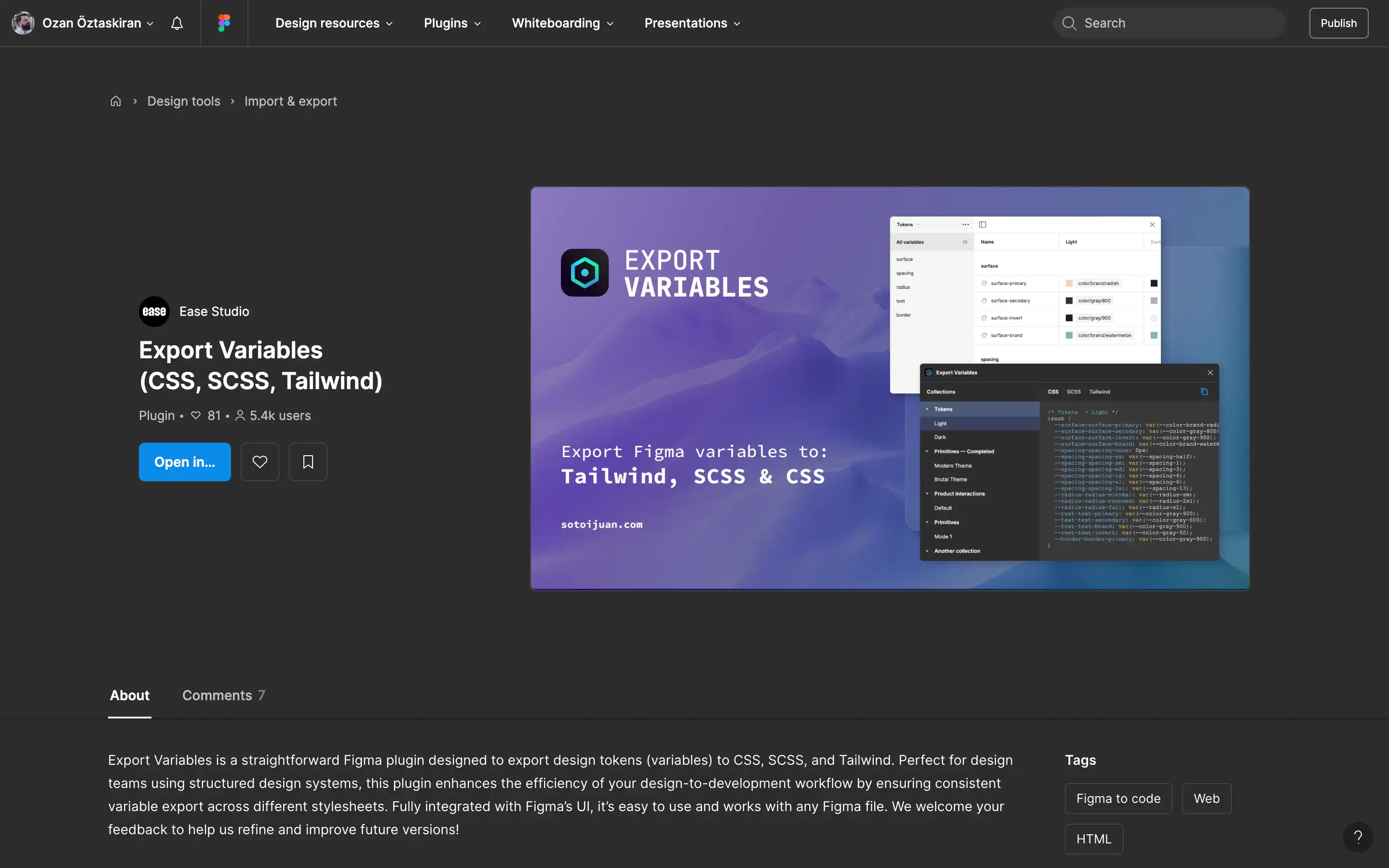 Figma plugin exporting variables to CSS, SCSS, Tailwind.