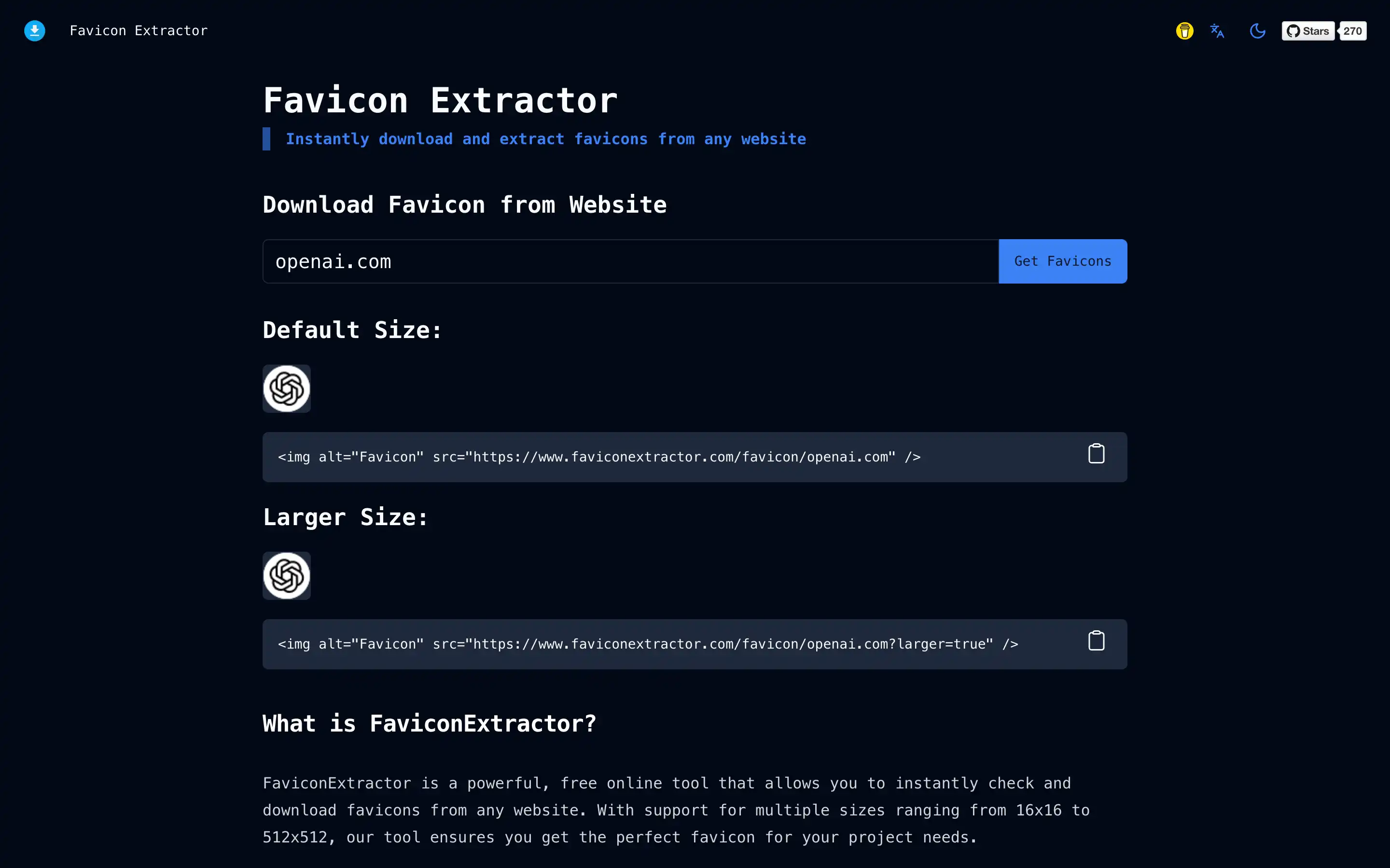 Favicon Extractor tool interface screenshot.