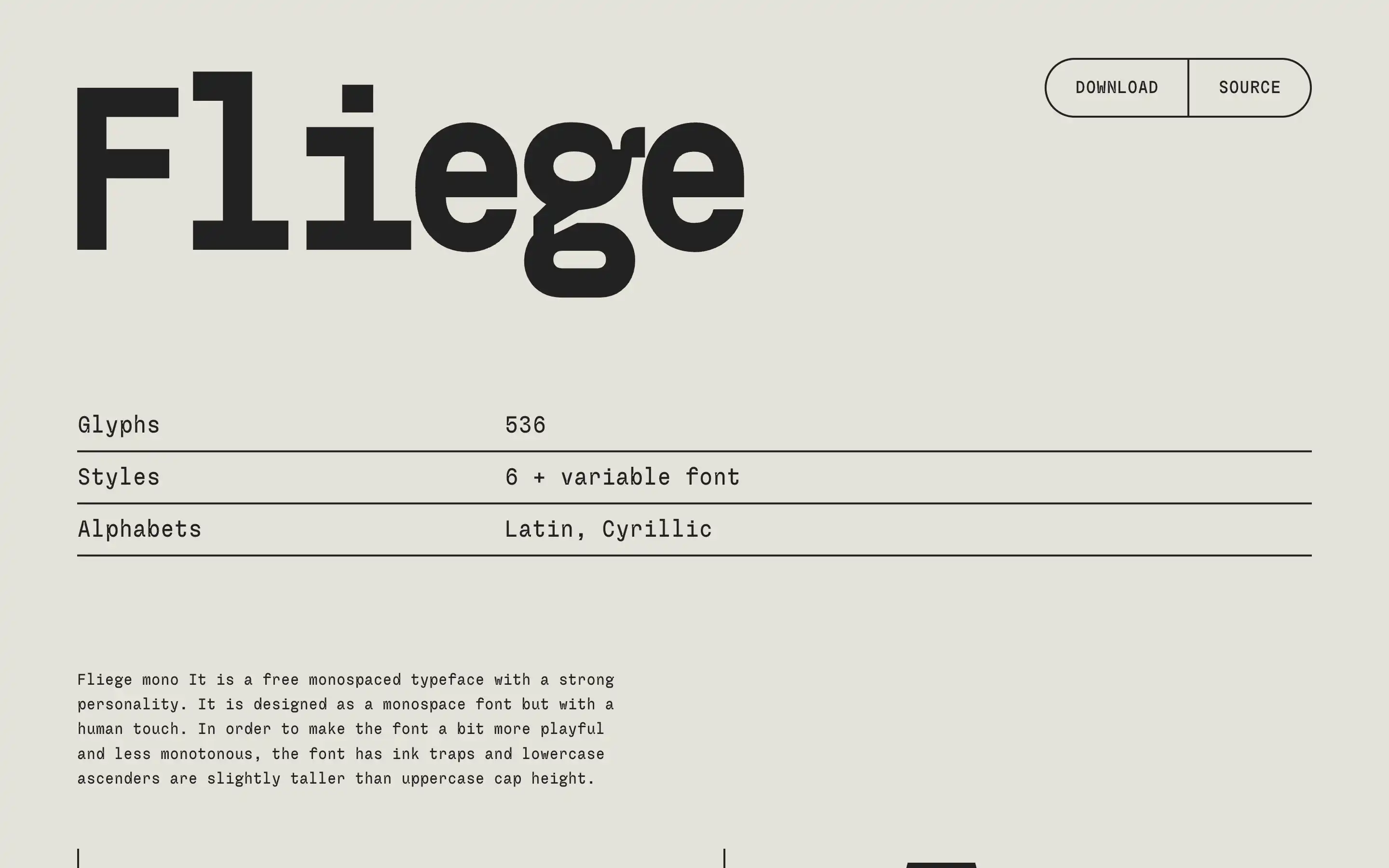 Fliege monospace font information and download option.