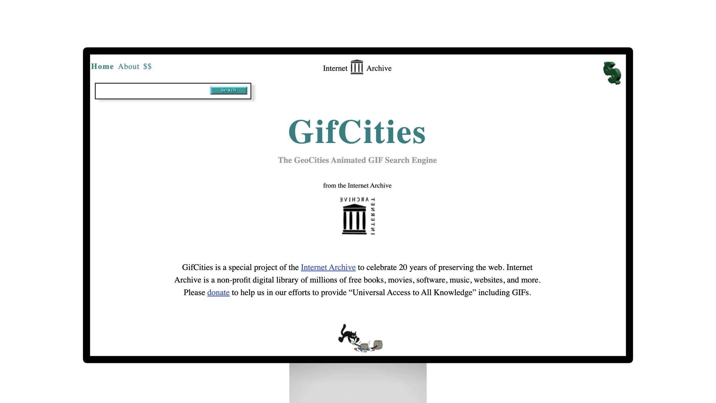 GifCities homepage, Internet Archive project screen