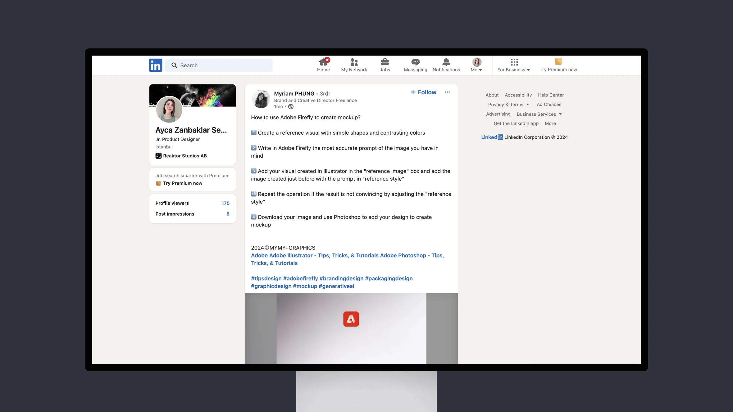 LinkedIn screen showing profile and Adobe Firefly tutorial