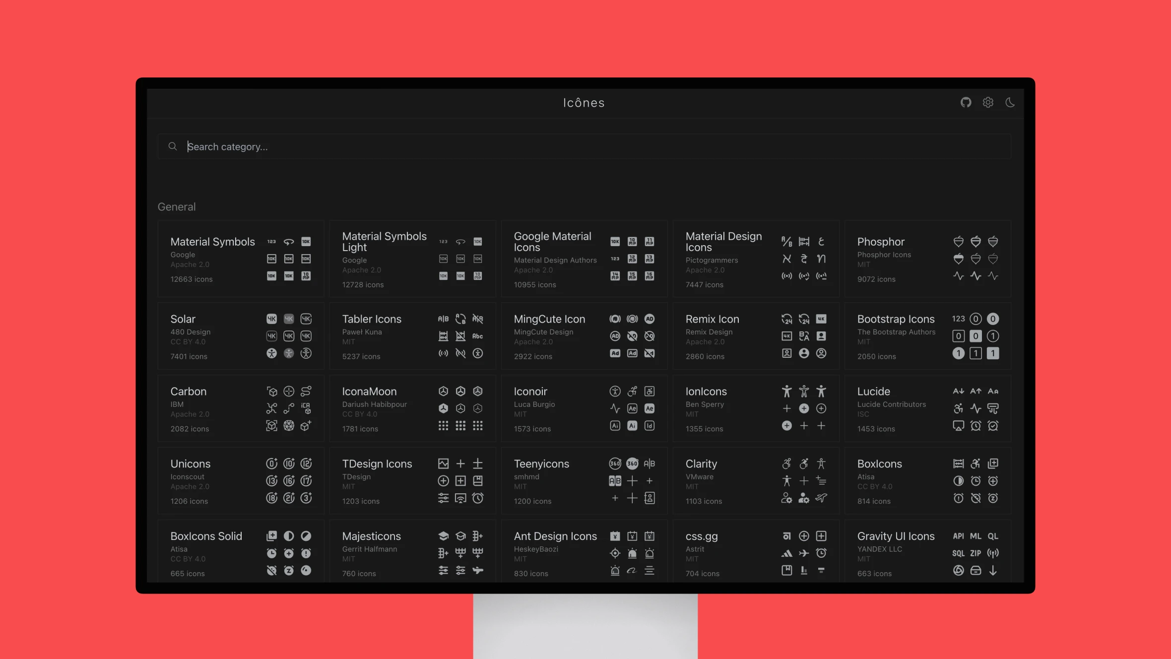 Computer screen displaying various icon design libraries