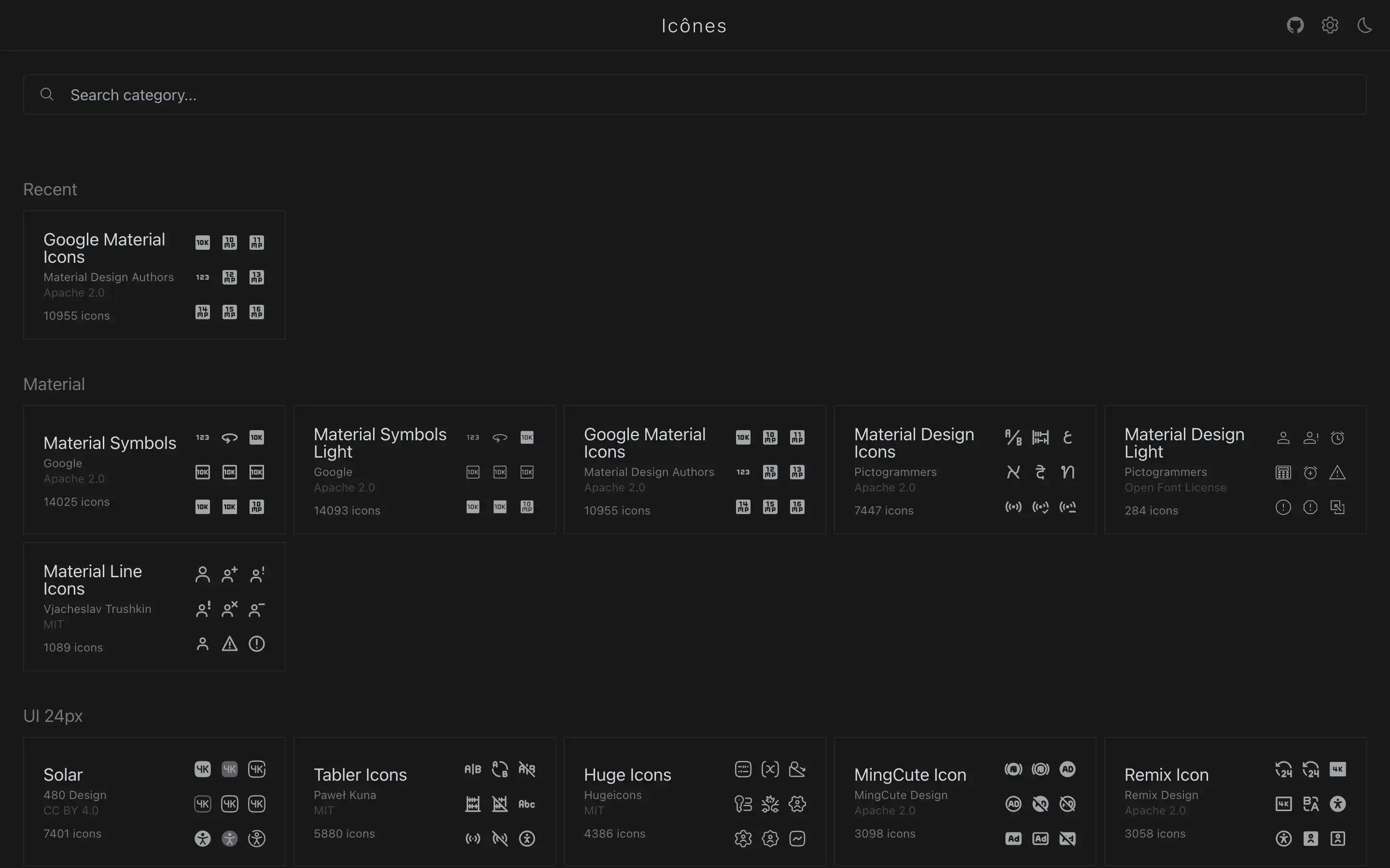 Icon library interface with multiple icon sets