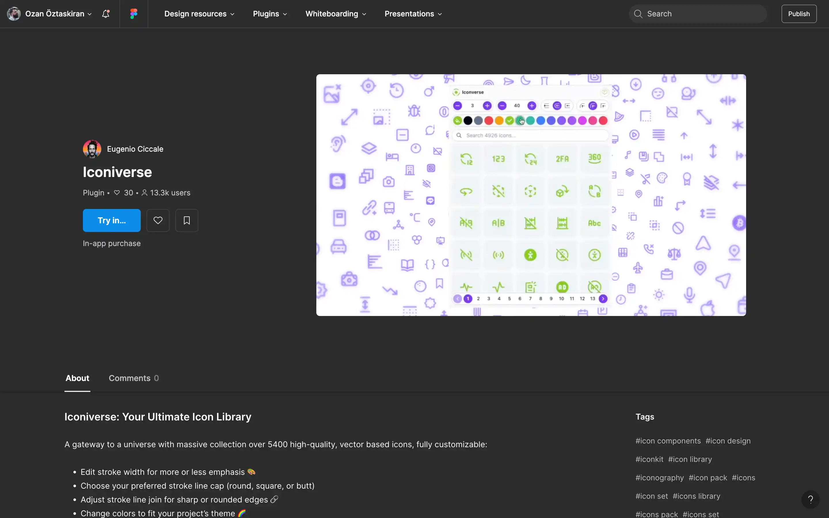 Iconiverse plugin user interface with icon options.