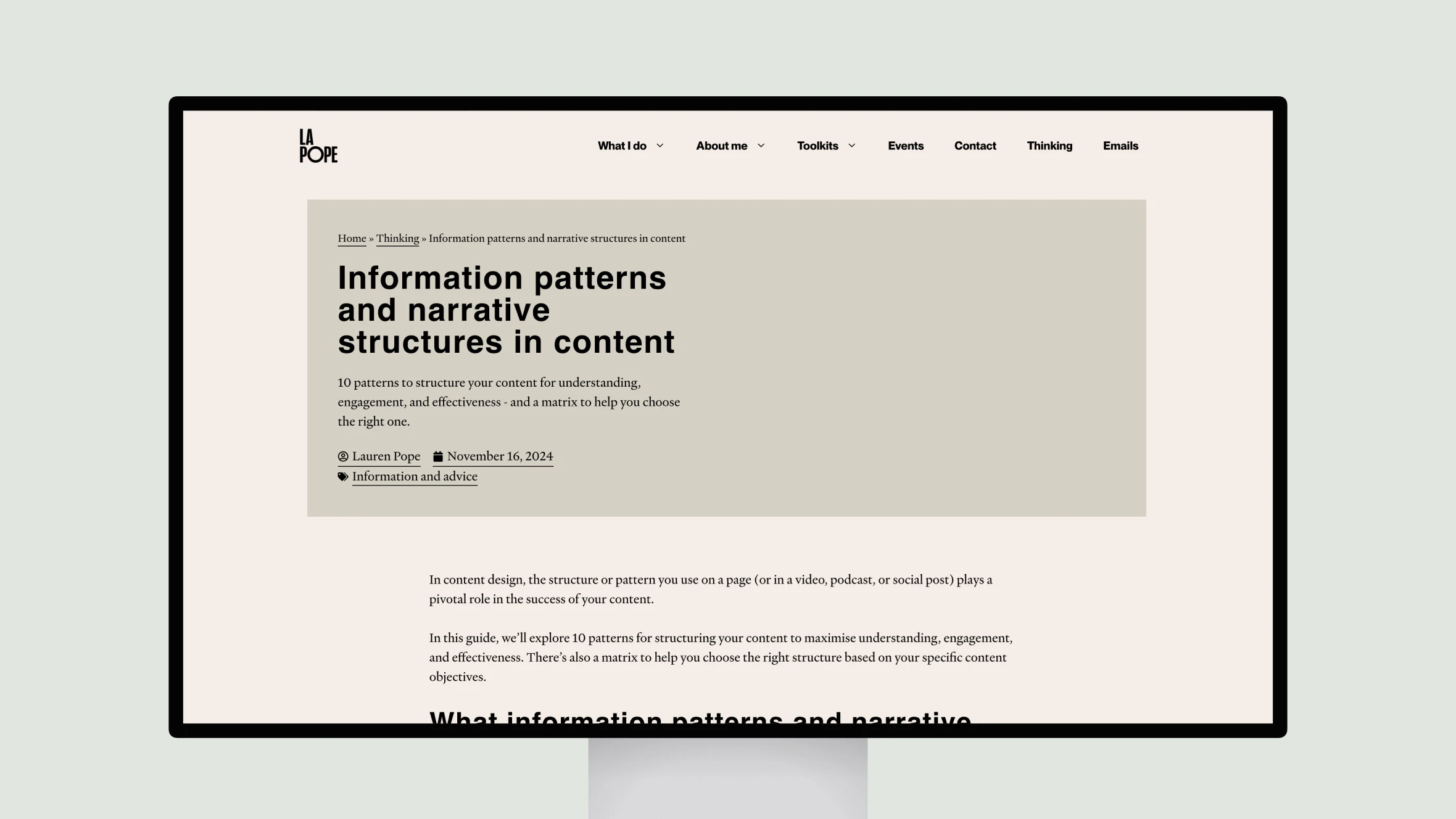 Website displaying information patterns in content design article