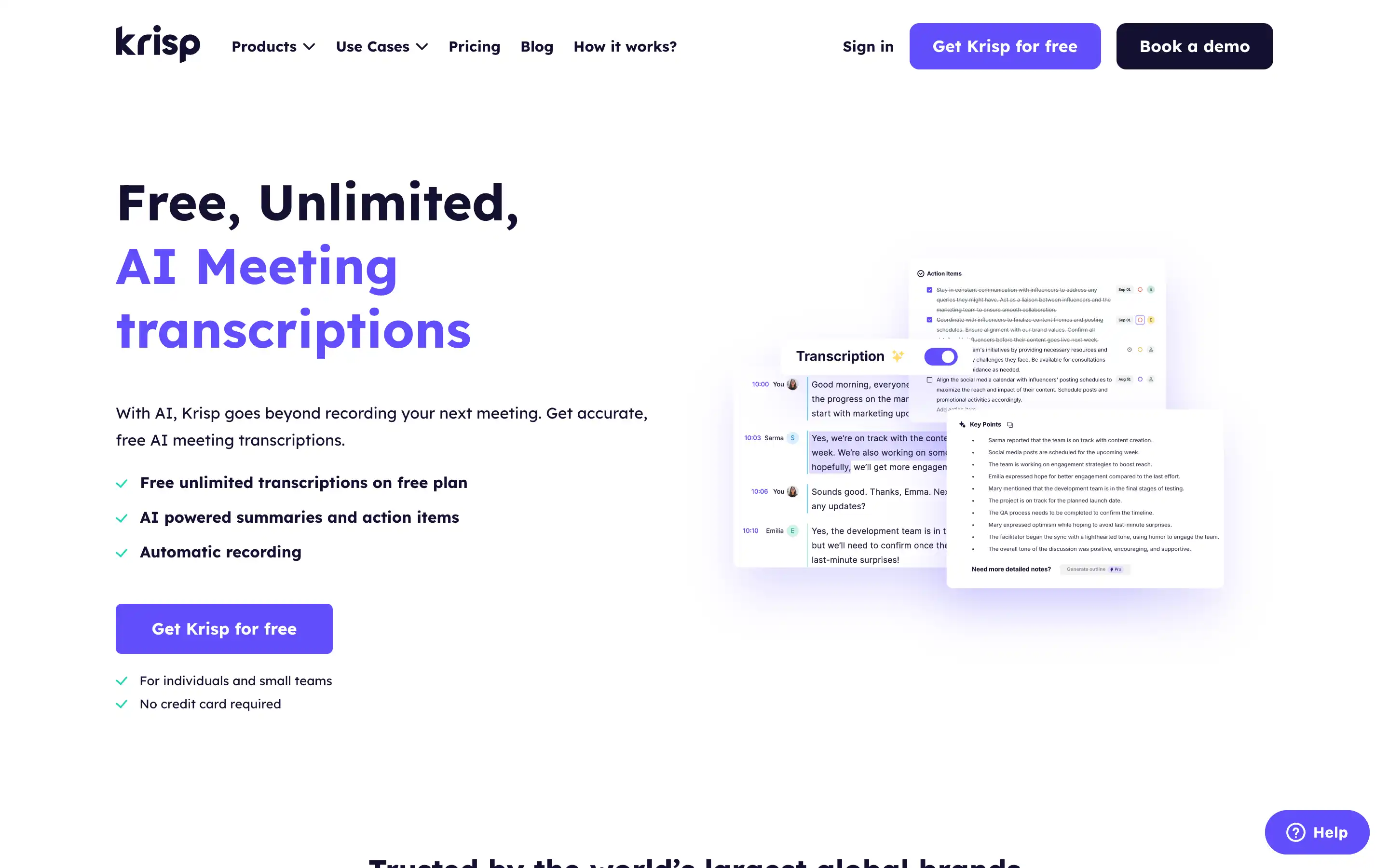 Free unlimited AI meeting transcriptions and summaries.