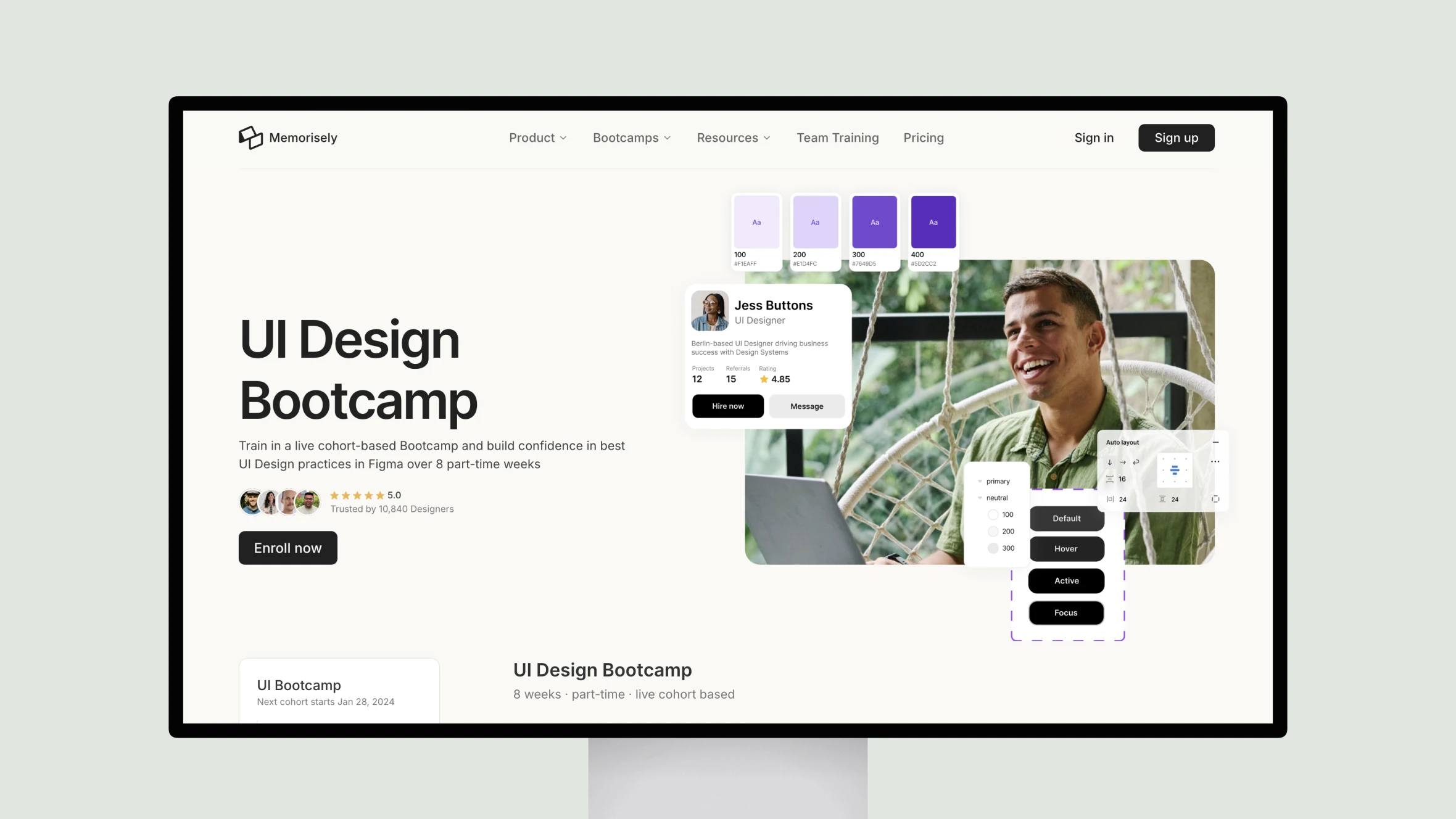 Website promoting UI Design Bootcamp with user interface examples.