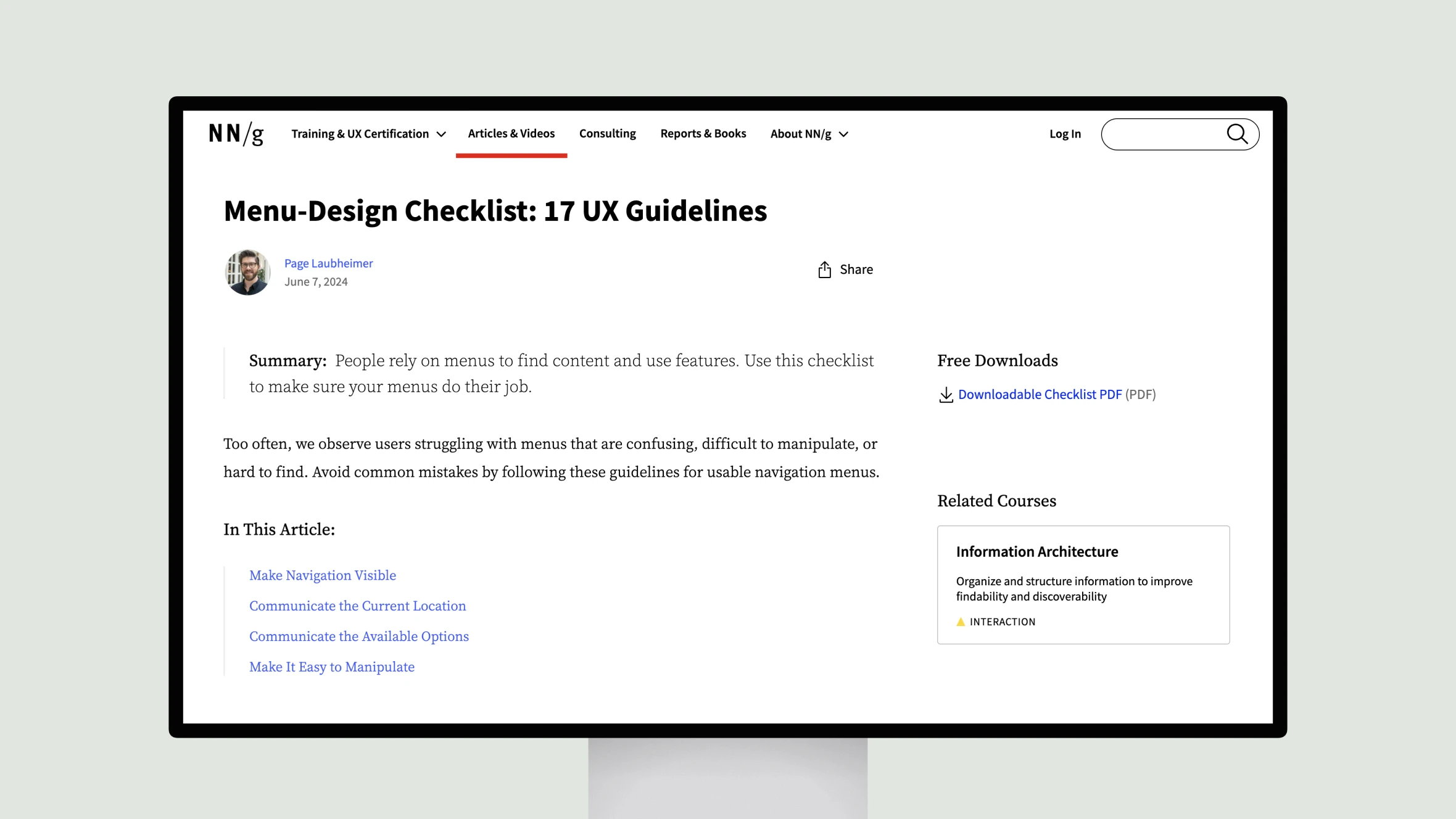 Webpage preview of UX menu design guidelines article