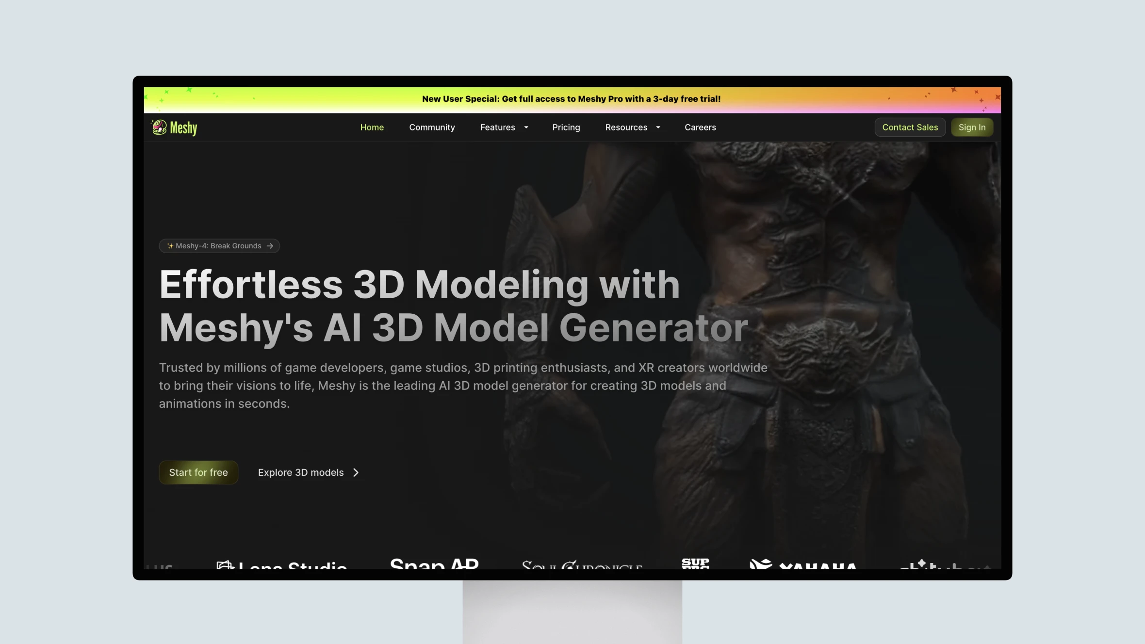 Website featuring Meshy's AI 3D Model Generator