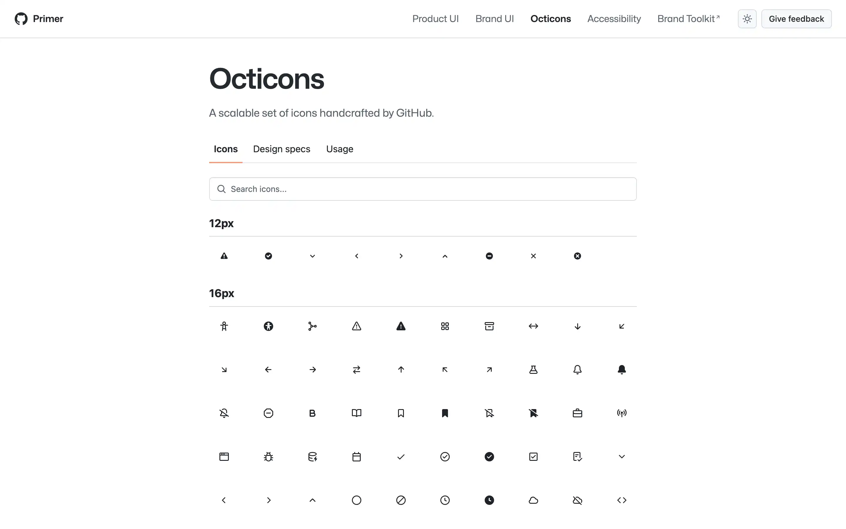 Octicons: GitHub's scalable icon set overview page.