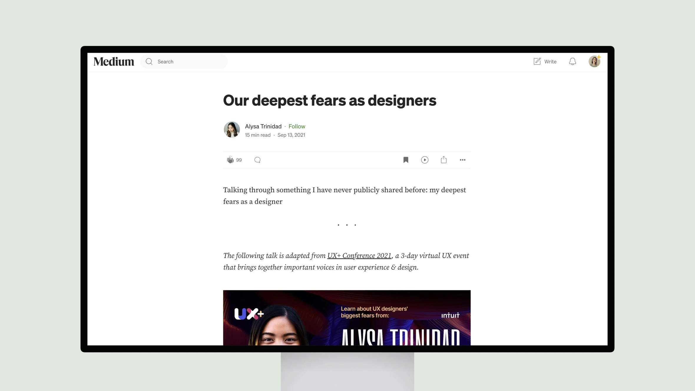 Medium article page titled 'Our deepest fears as designers'.