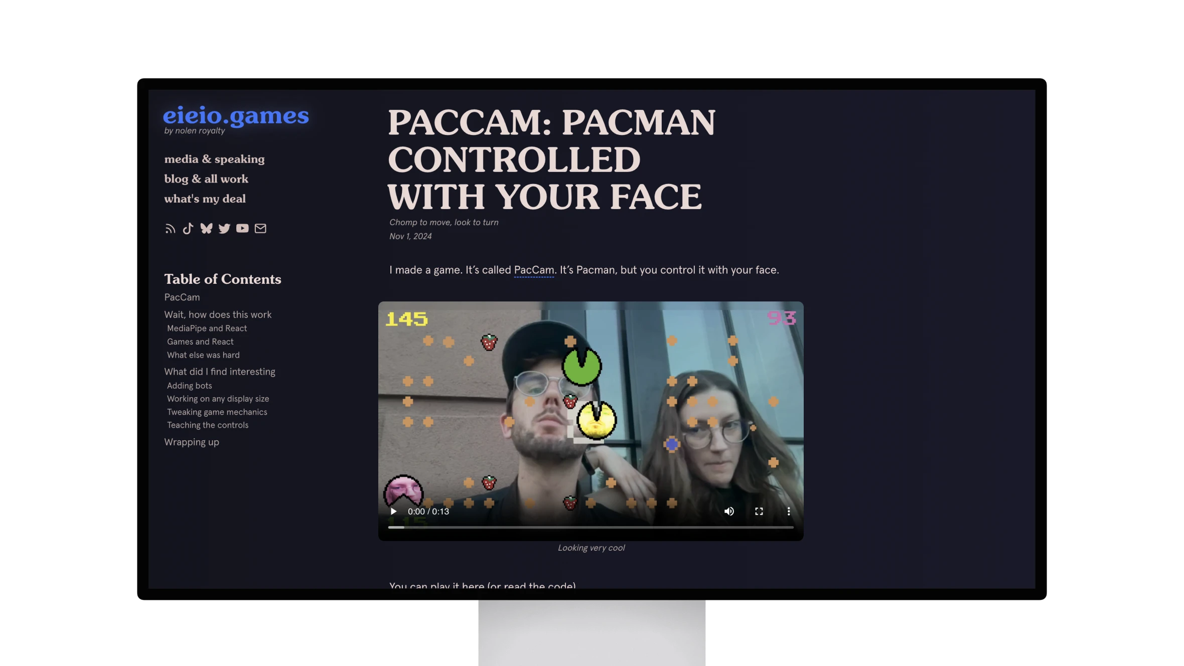 Webpage introducing PacCam, a face-controlled Pacman game