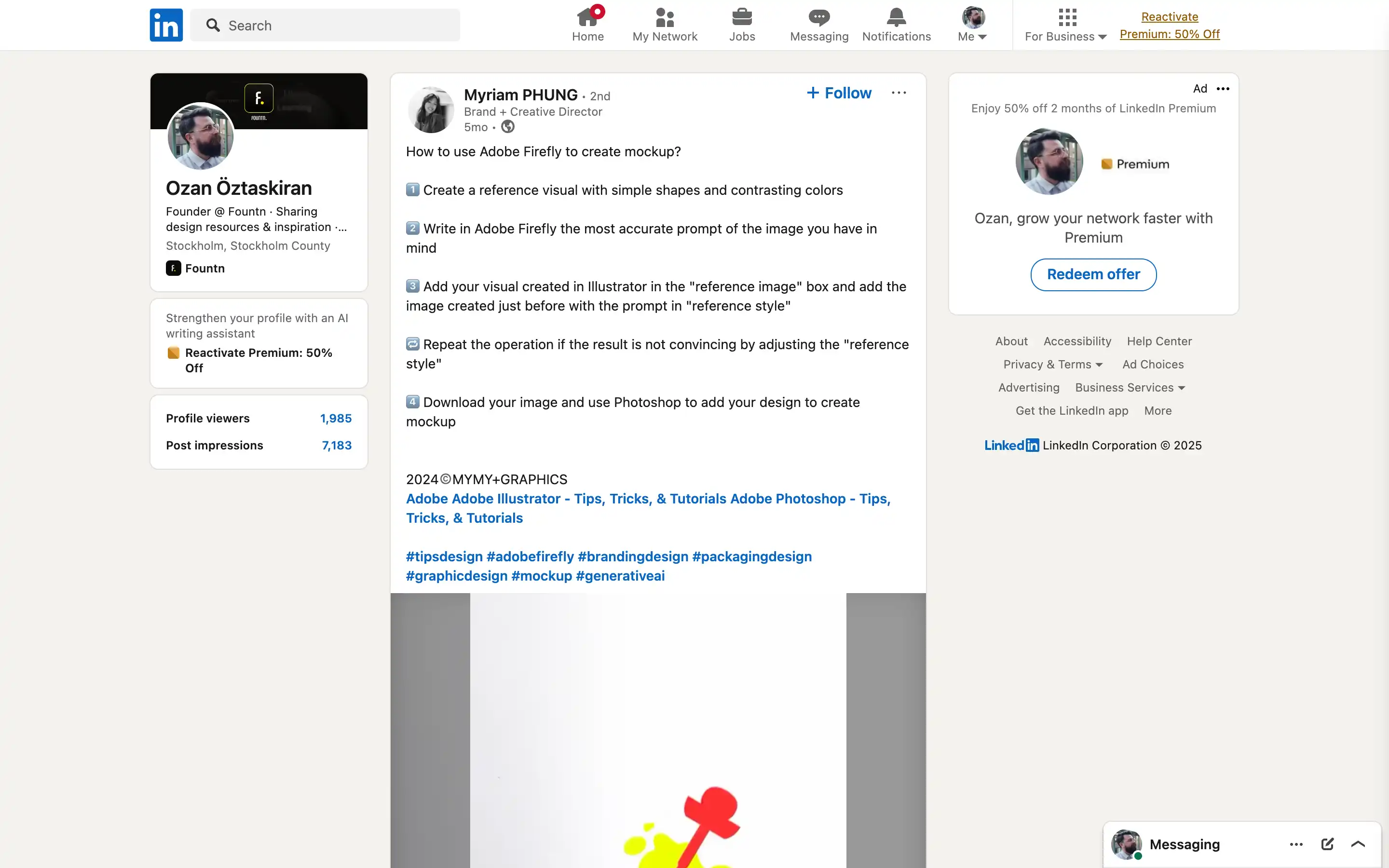 LinkedIn post about Adobe Firefly for mockups tutorial.