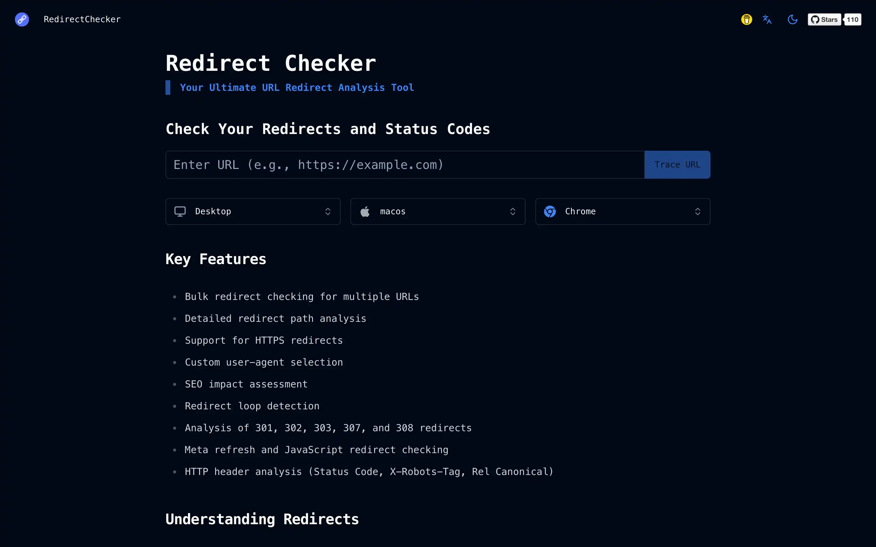 Redirect Checker tool homepage screen display.
