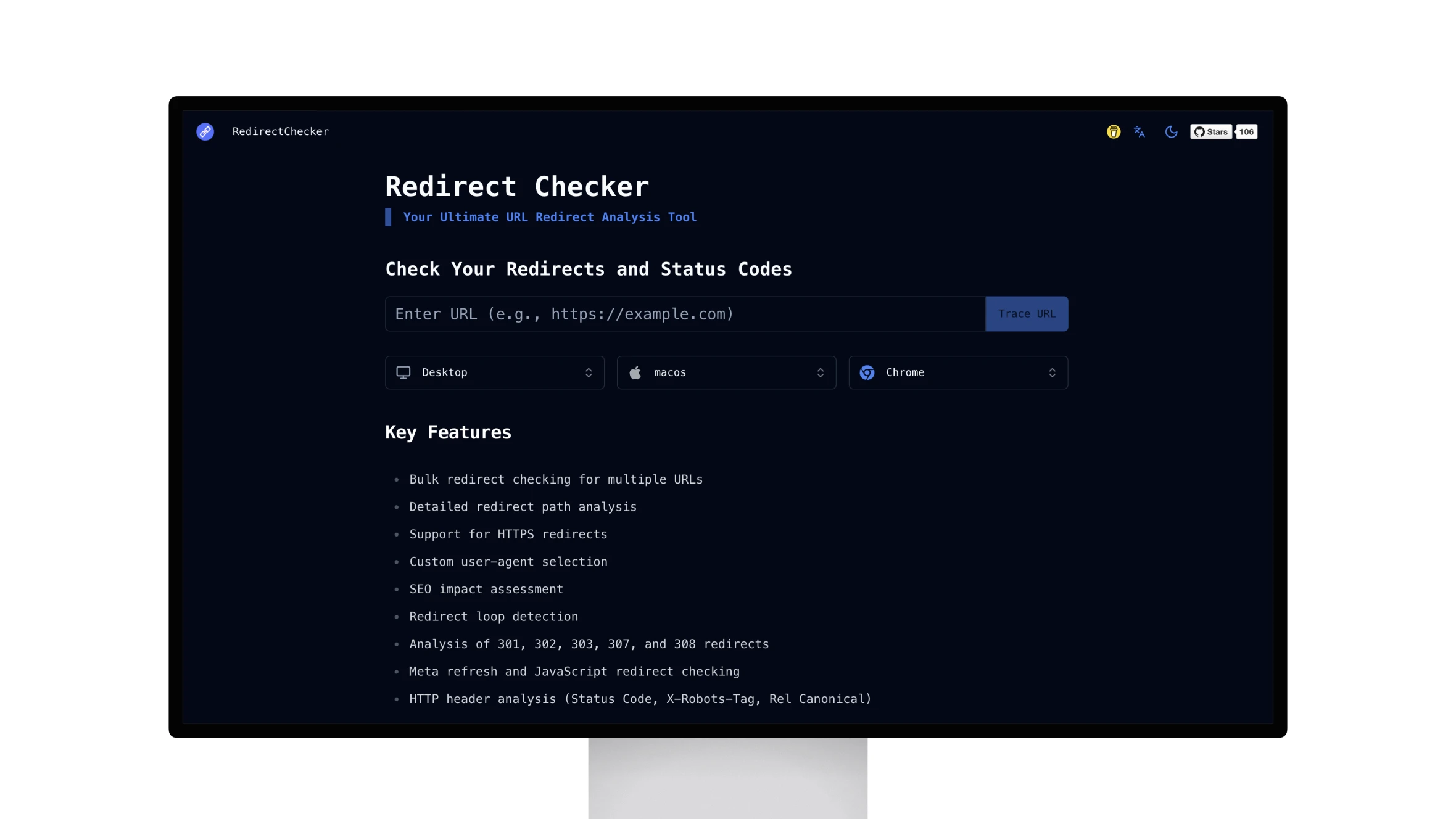 Redirect Checker tool interface with features listed