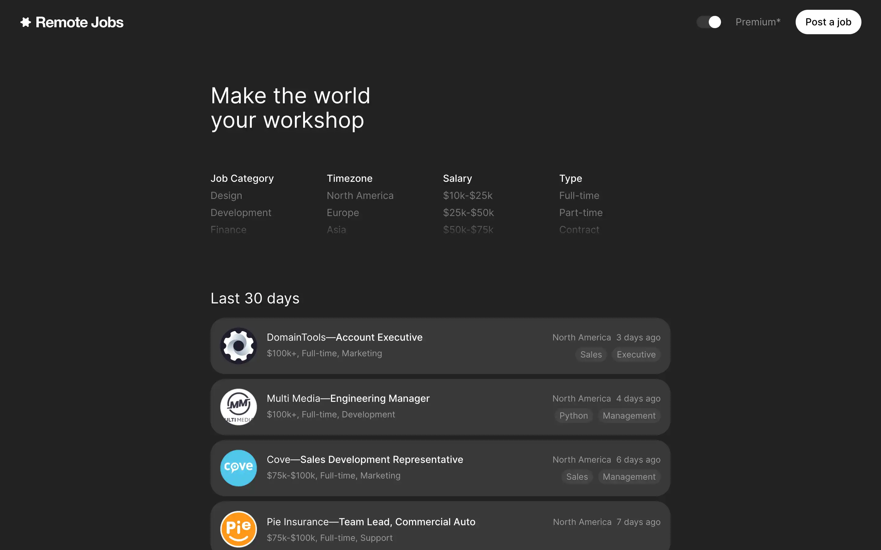 Remote job listings and categories interface.