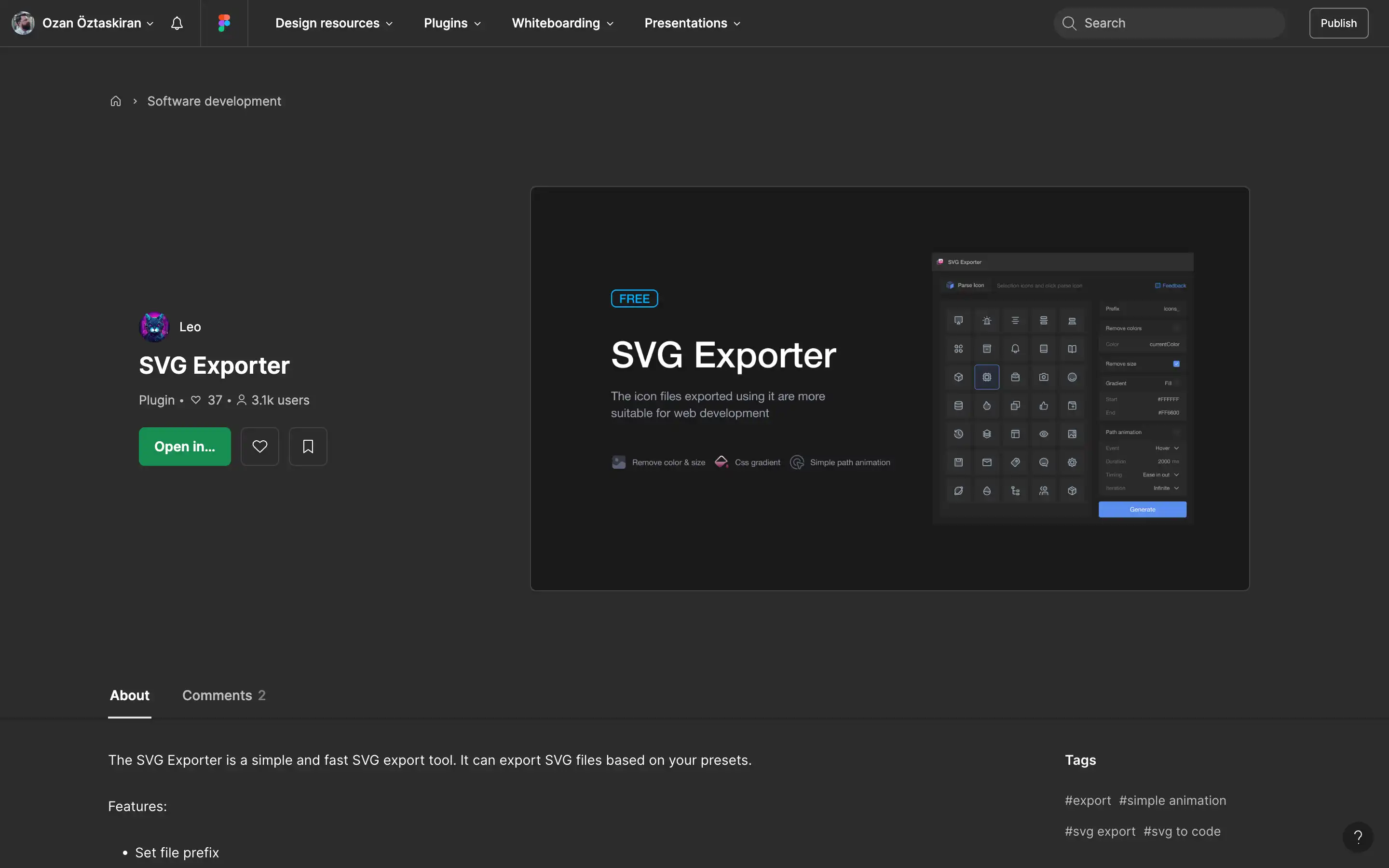 SVG Exporter Plugin interface in dark mode.