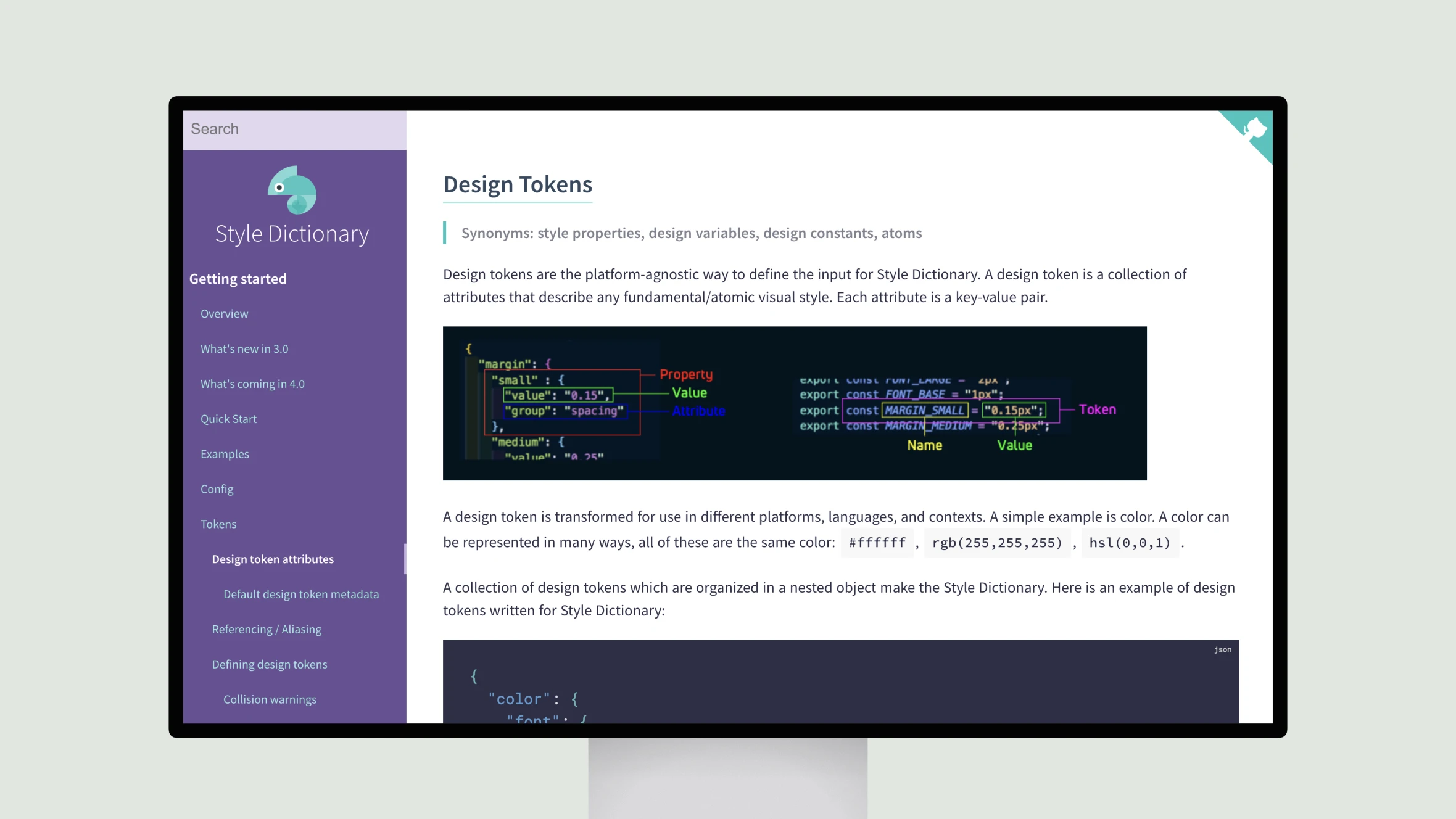 Website interface showing design tokens explanation