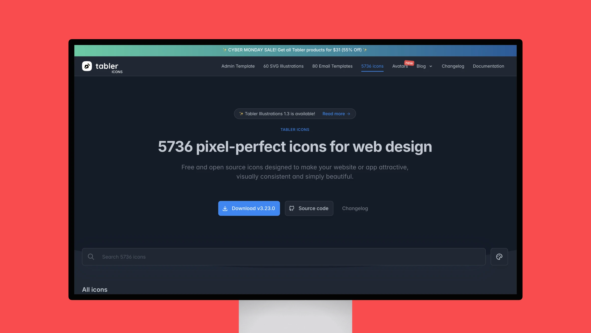 Website showcasing Tabler Icons for web design