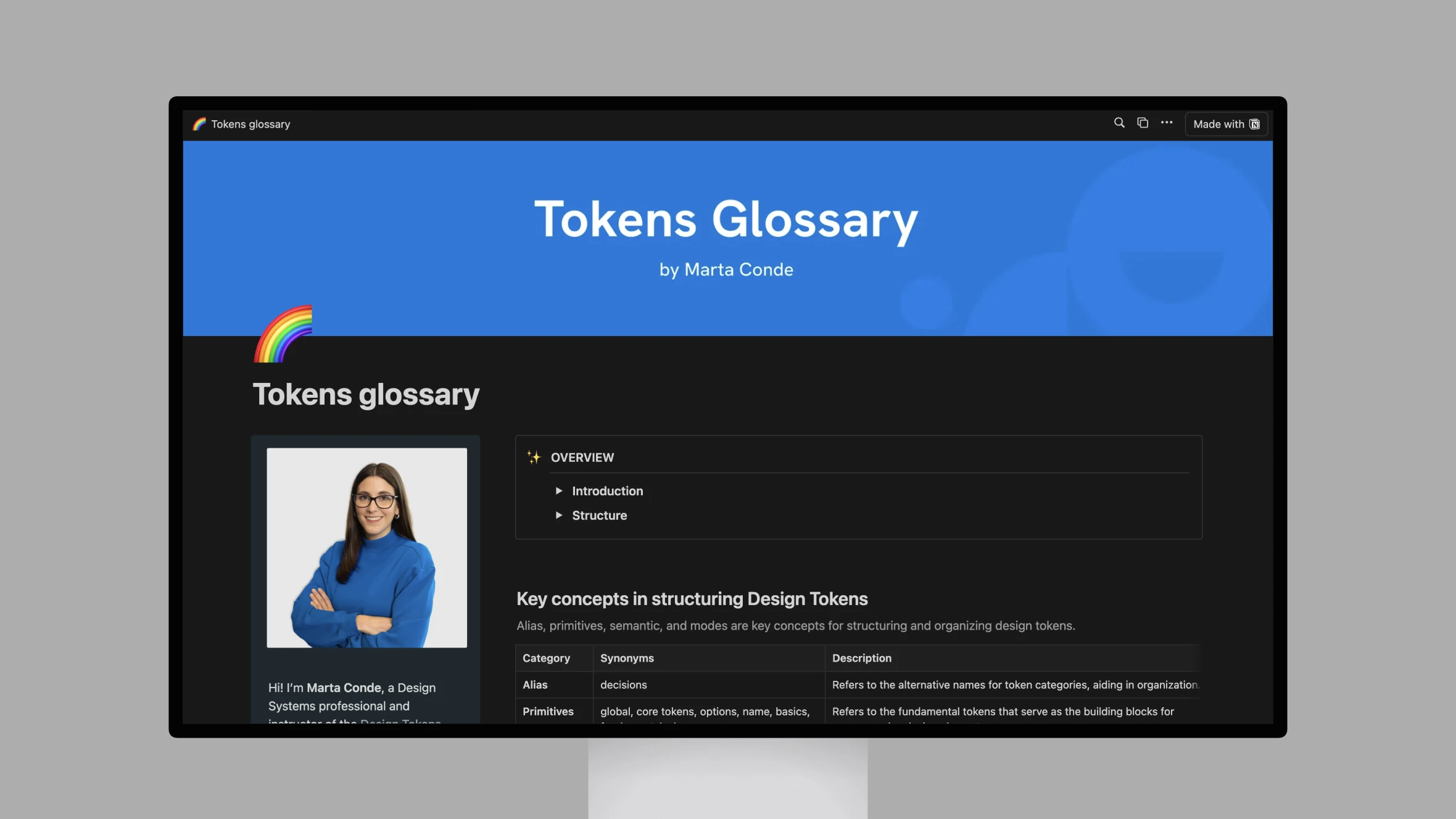 Screenshot of Tokens Glossary website interface