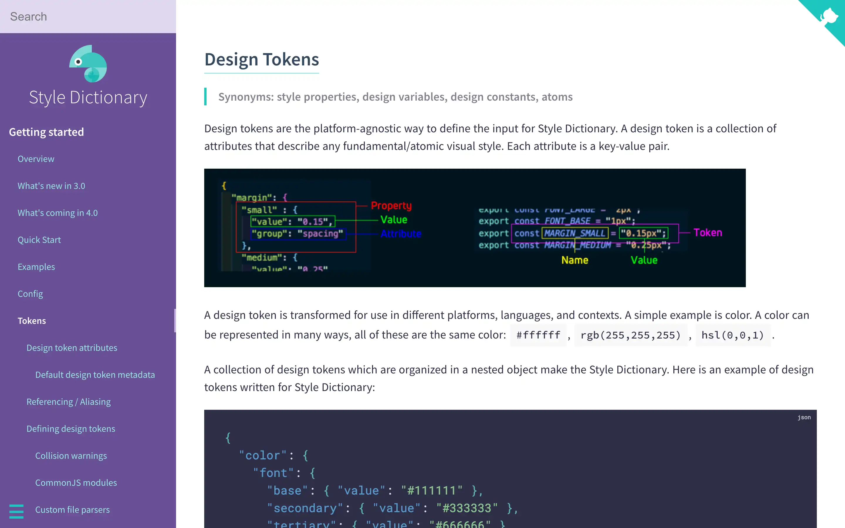 Design tokens overview with code examples.