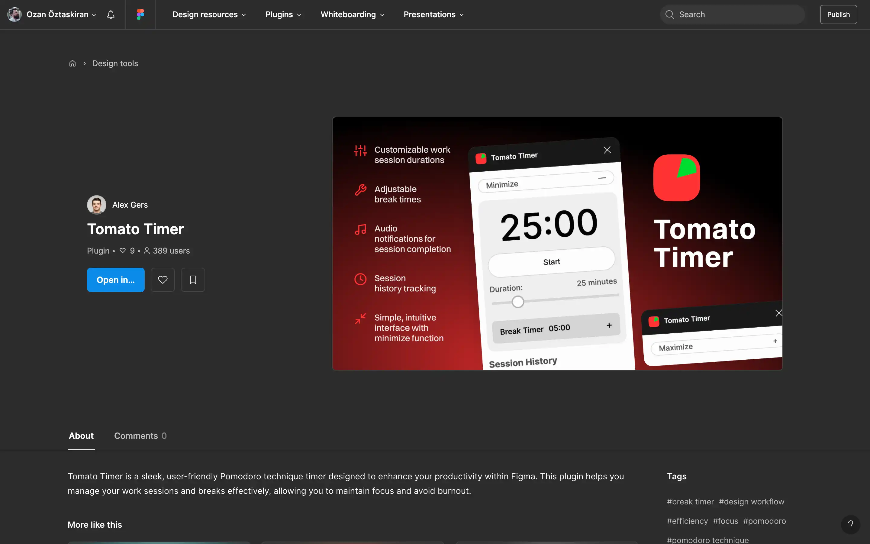 Pomodoro Timer plugin interface for Figma productivity.