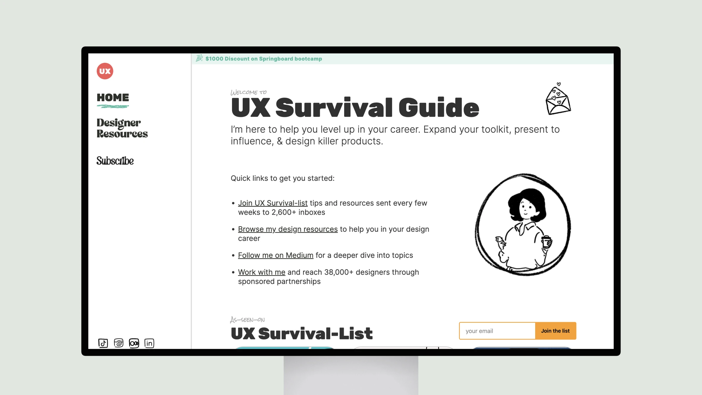 UX Survival Guide website homepage on monitor.