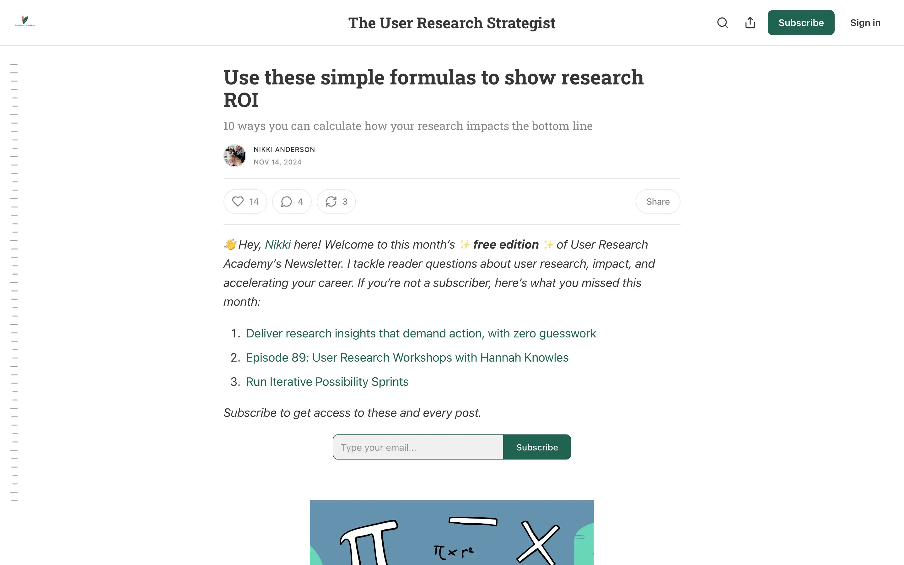 Newsletter explaining research ROI formulas and updates.