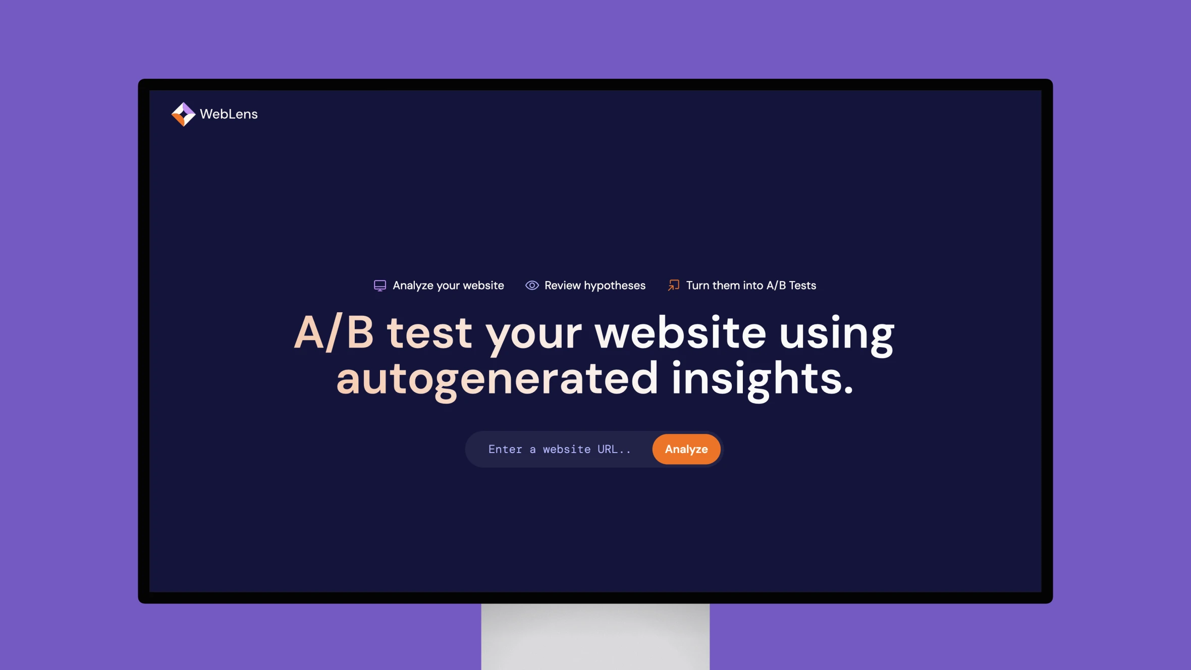 WebLens platform showcasing A/B testing features on monitor