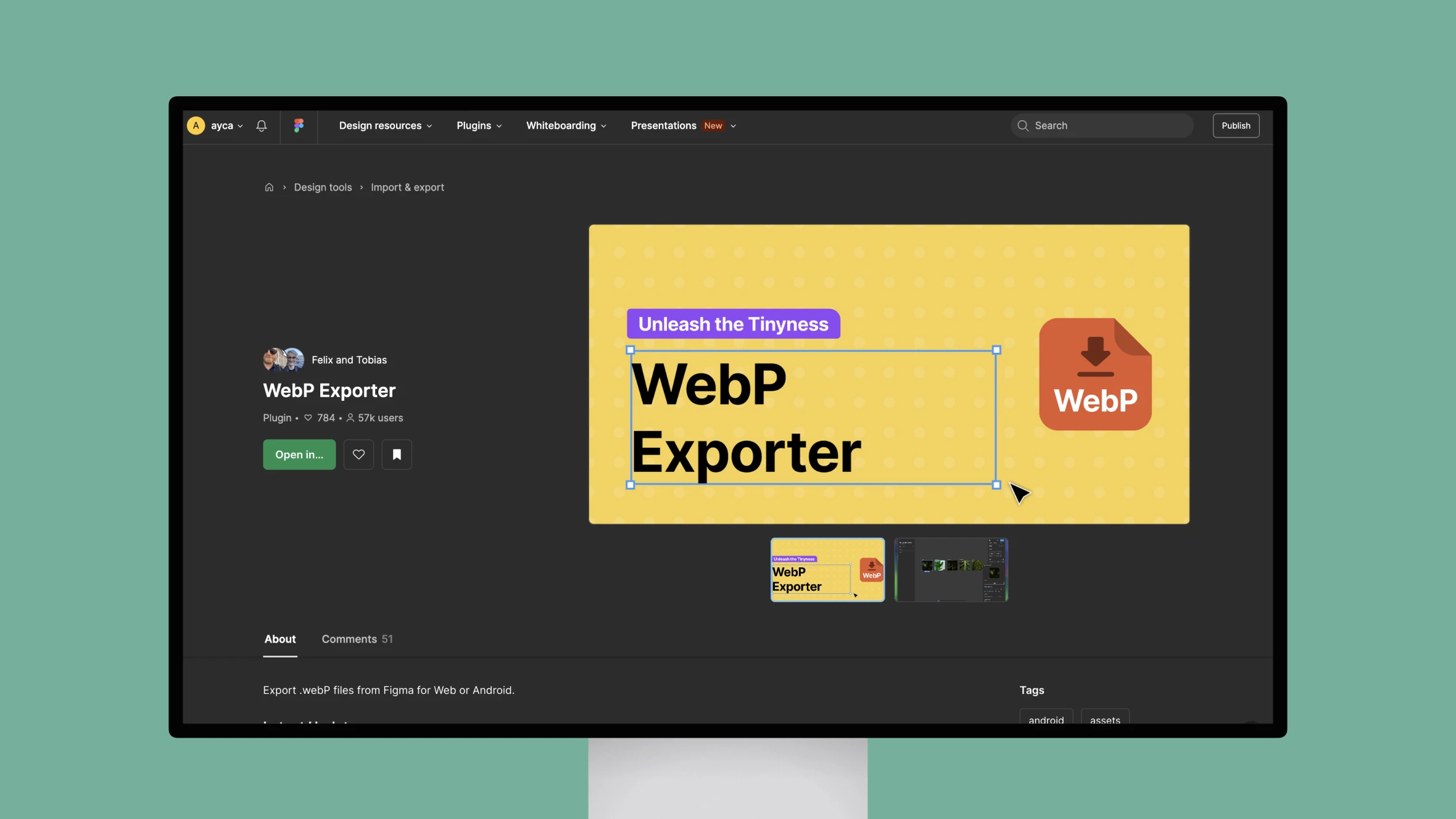 Screen showing WebP Exporter plugin on design platform