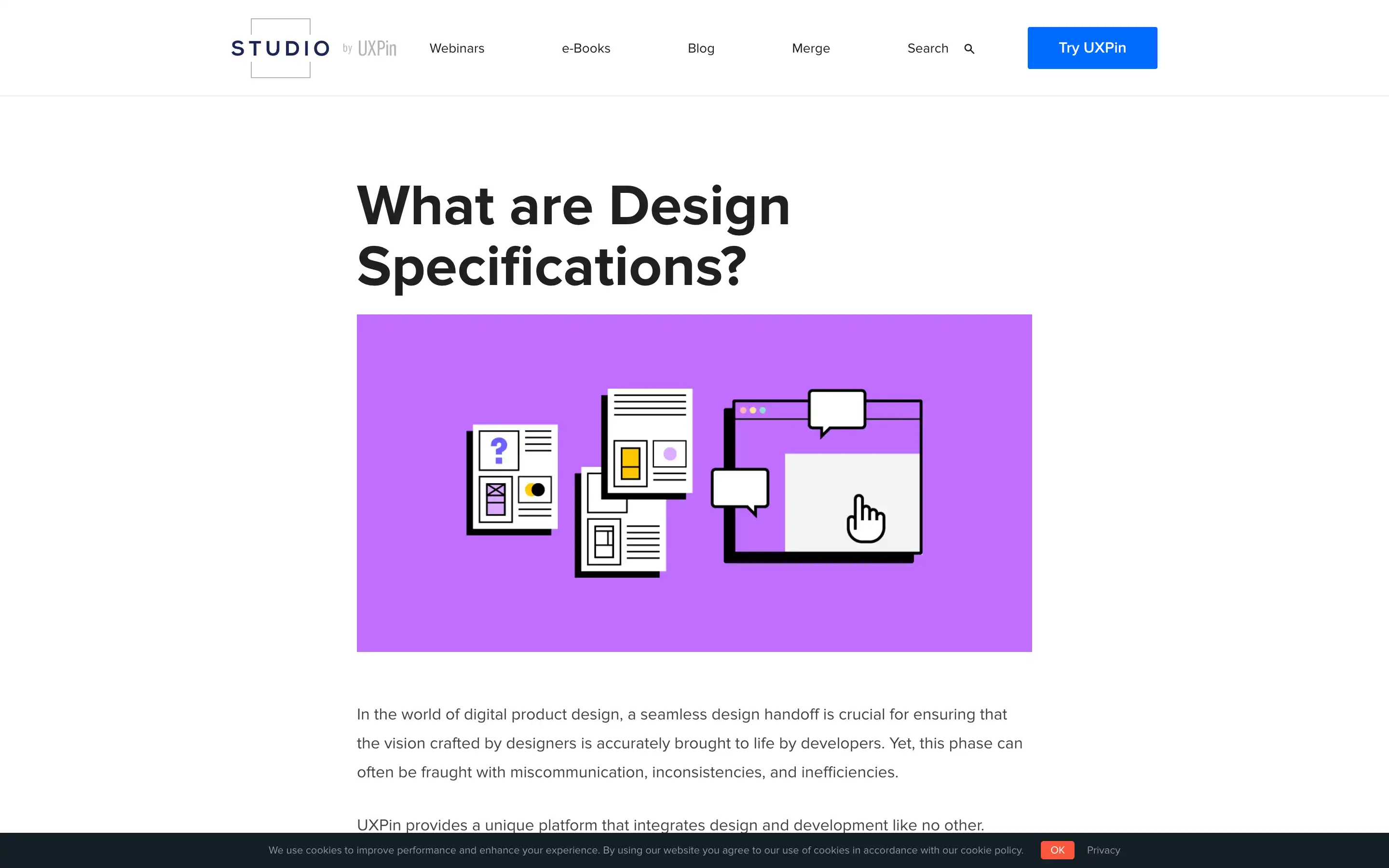 Design specifications illustration with documents and interface.