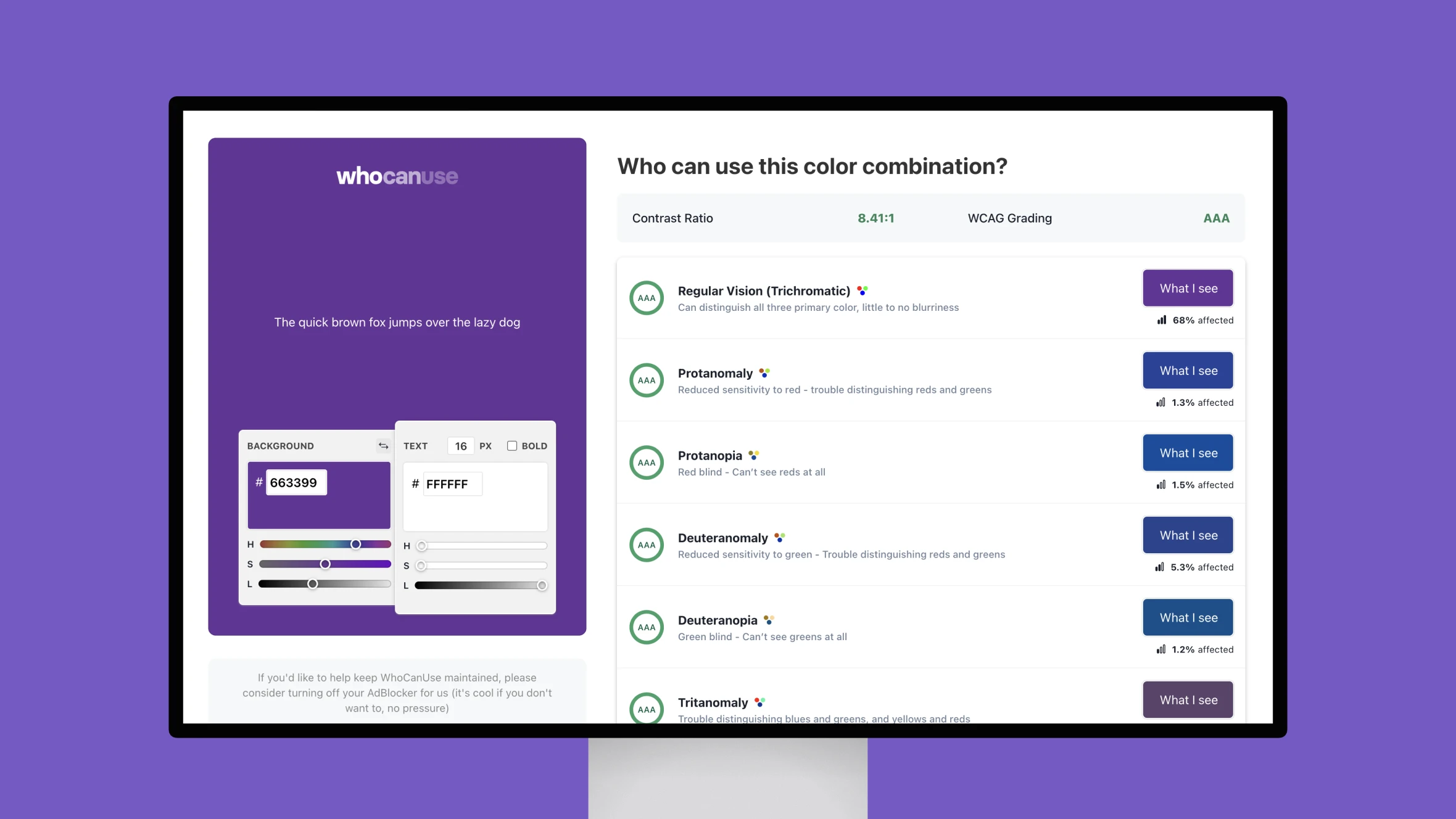 Accessibility tool displaying color contrast analysis for web