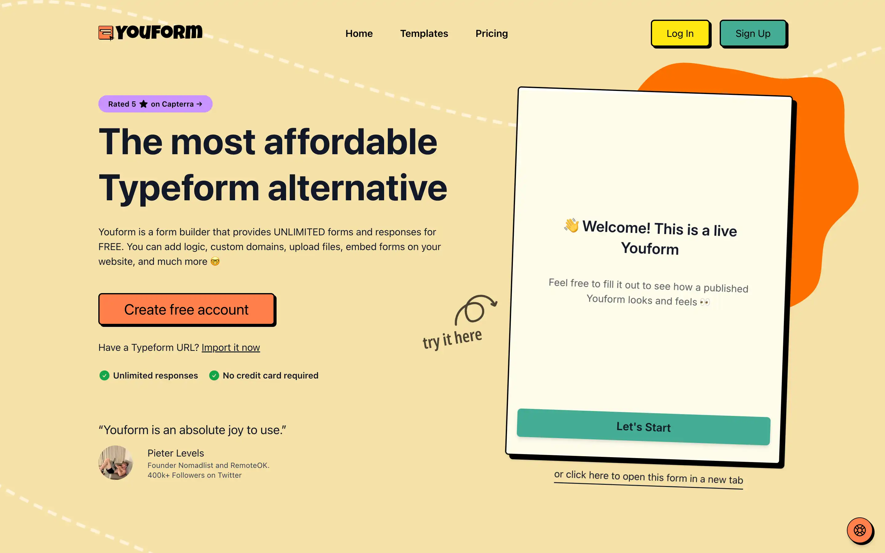 Affordable Typeform alternative by Youform homepage