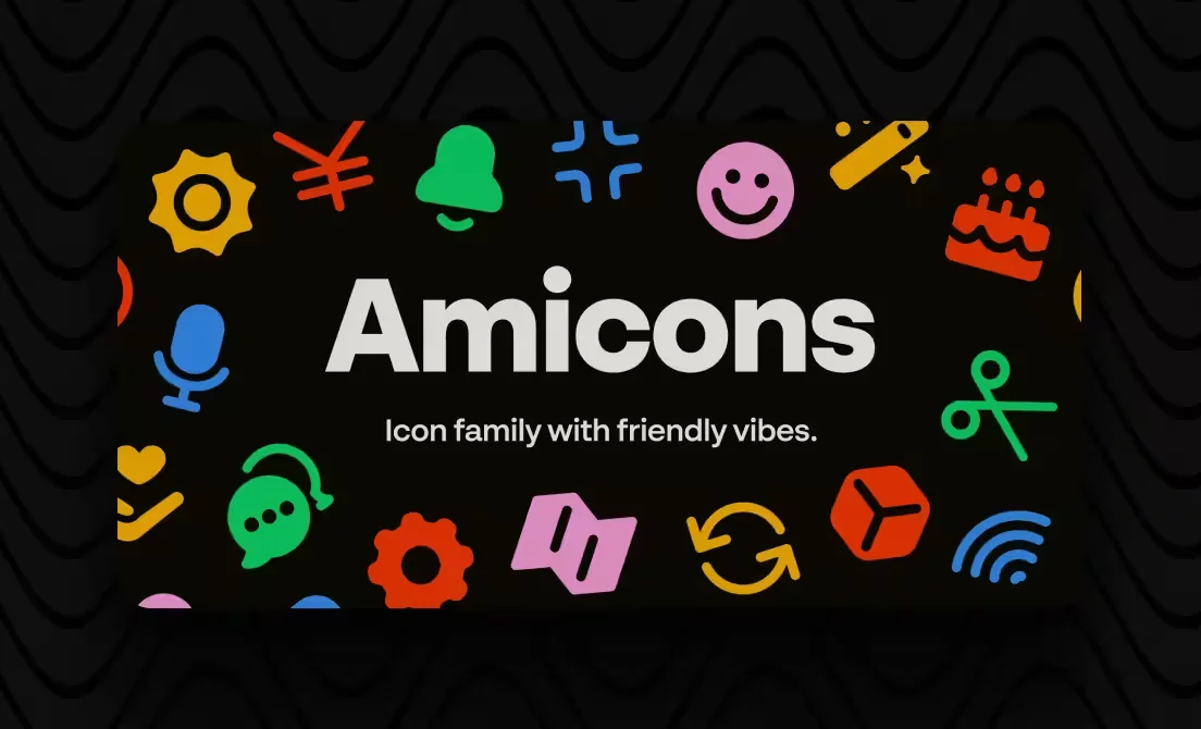 Amicons logo with colorful, friendly icons