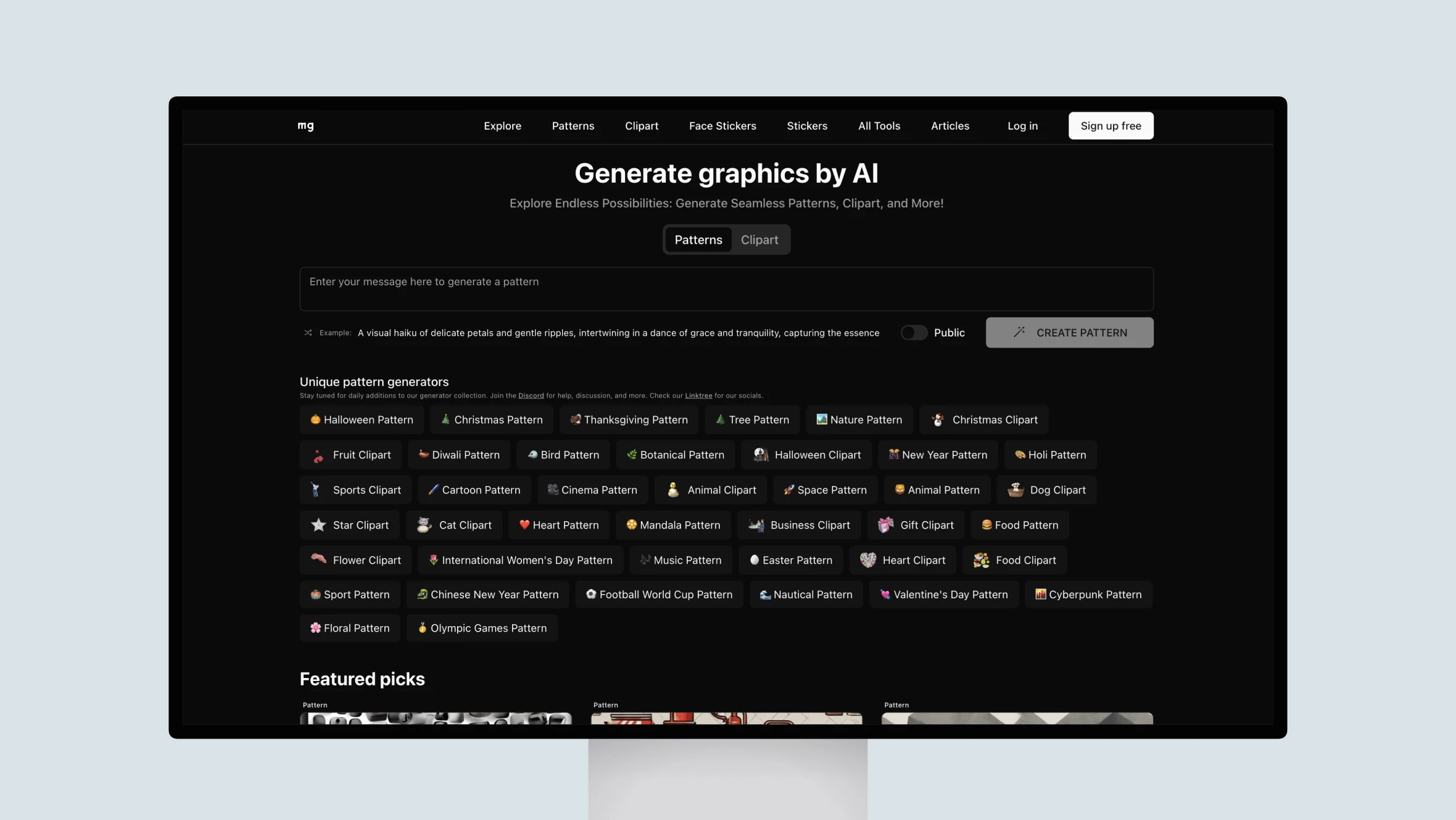 Computer screen displaying AI graphics generation website