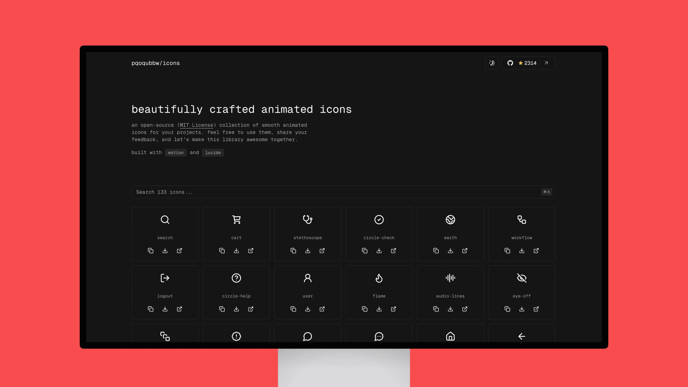 Website displaying collection of animated icons