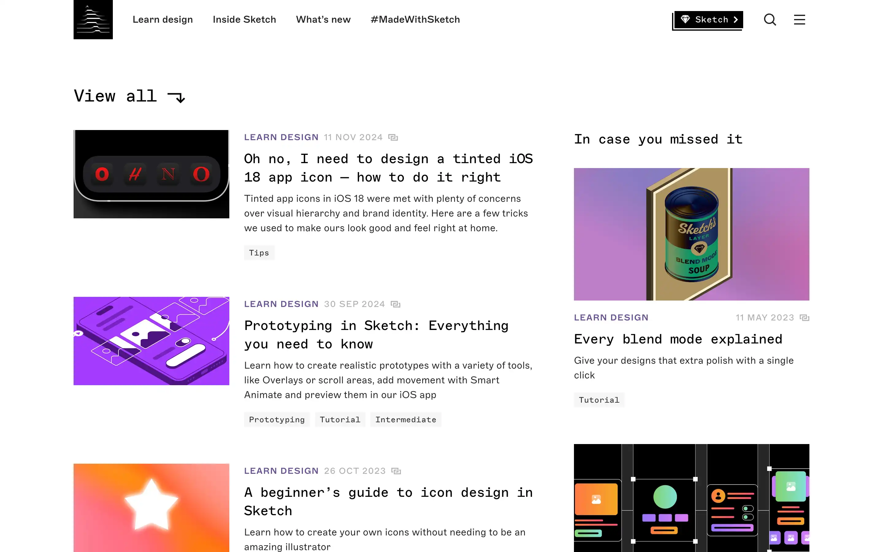 Sketch design blog homepage with articles and tips.