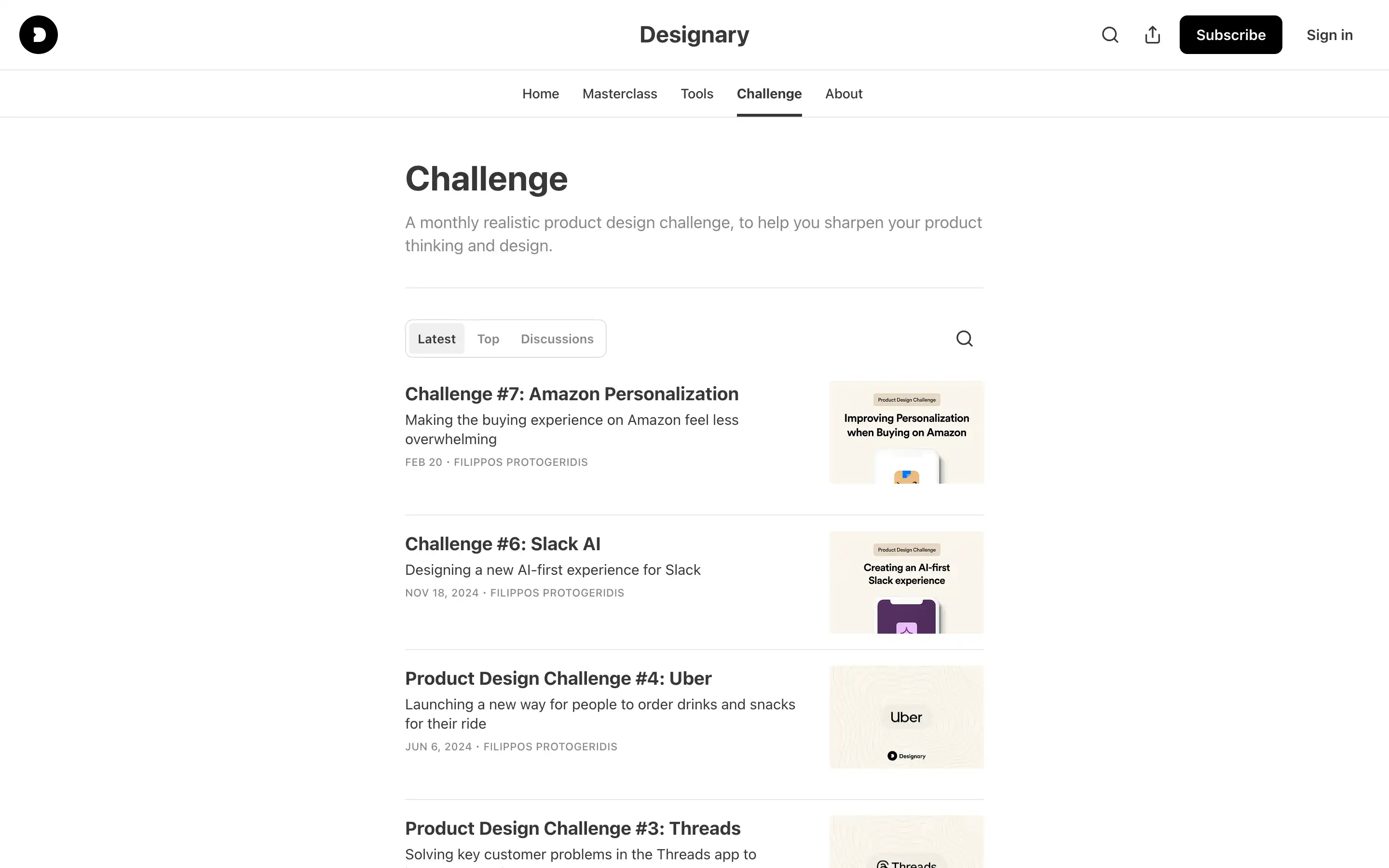 Designary product design challenges page overview.