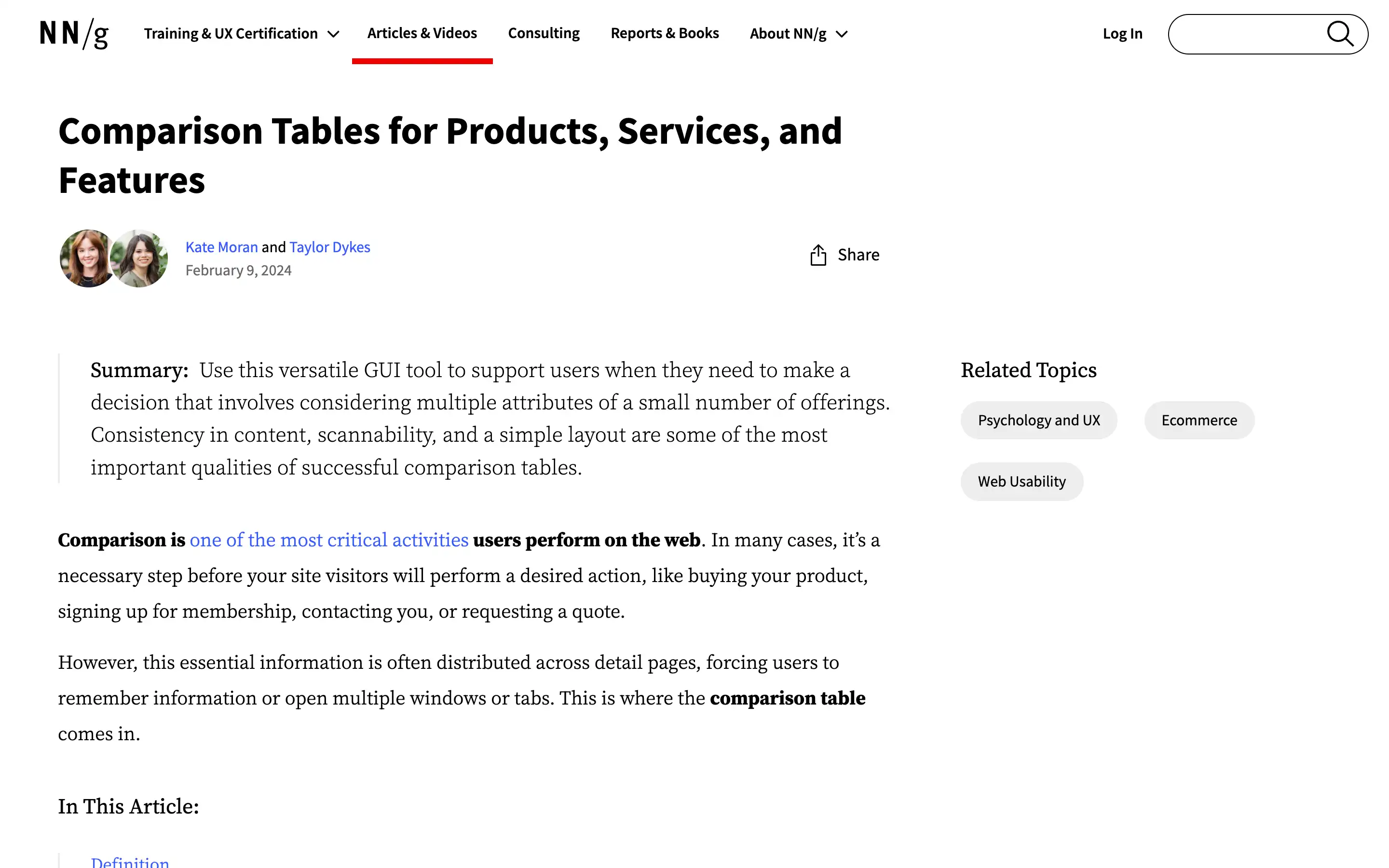 Article about creating effective comparison tables for usability.