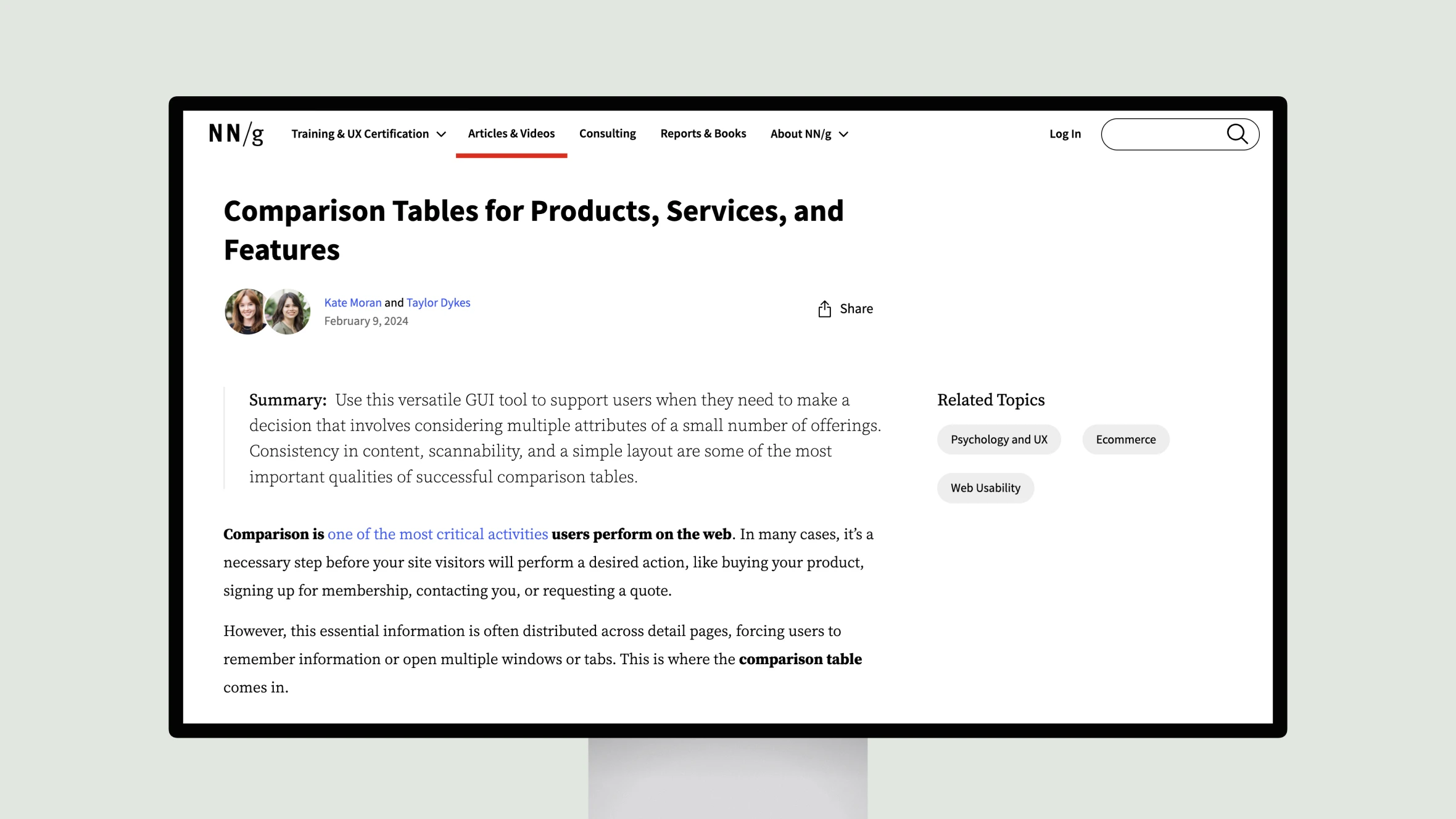 Web article on comparison tables for products and services