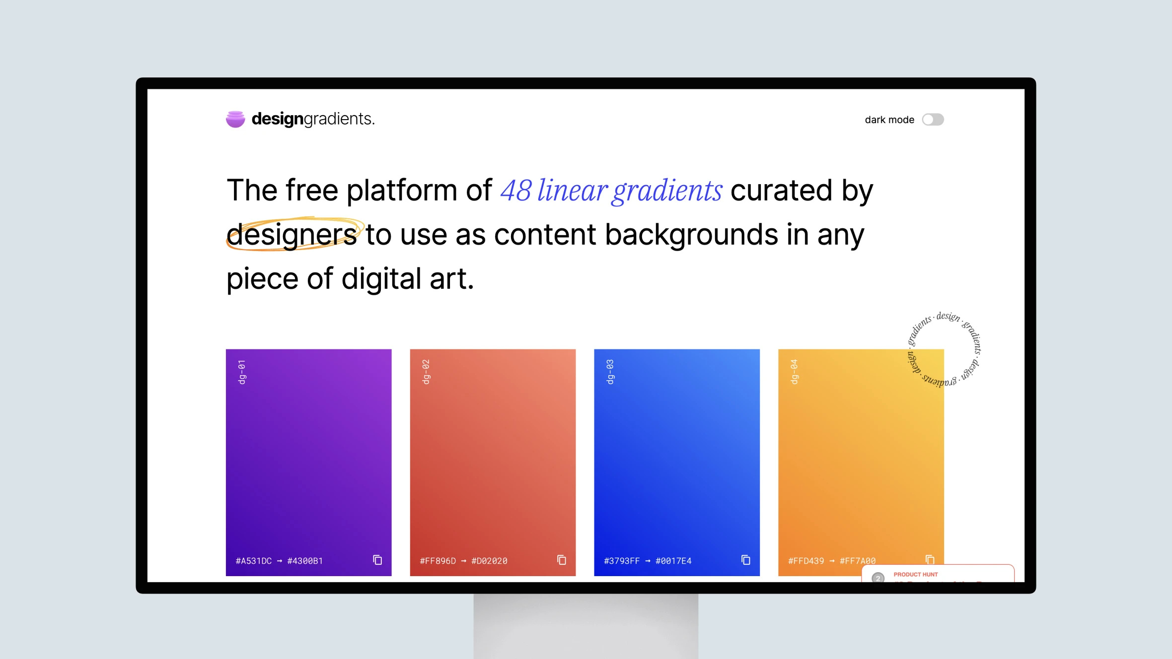 Website displaying colorful gradient options for designers.