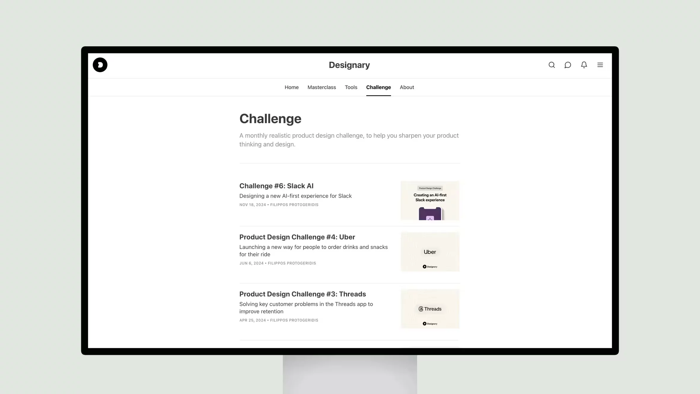 Website displaying product design challenges for AI