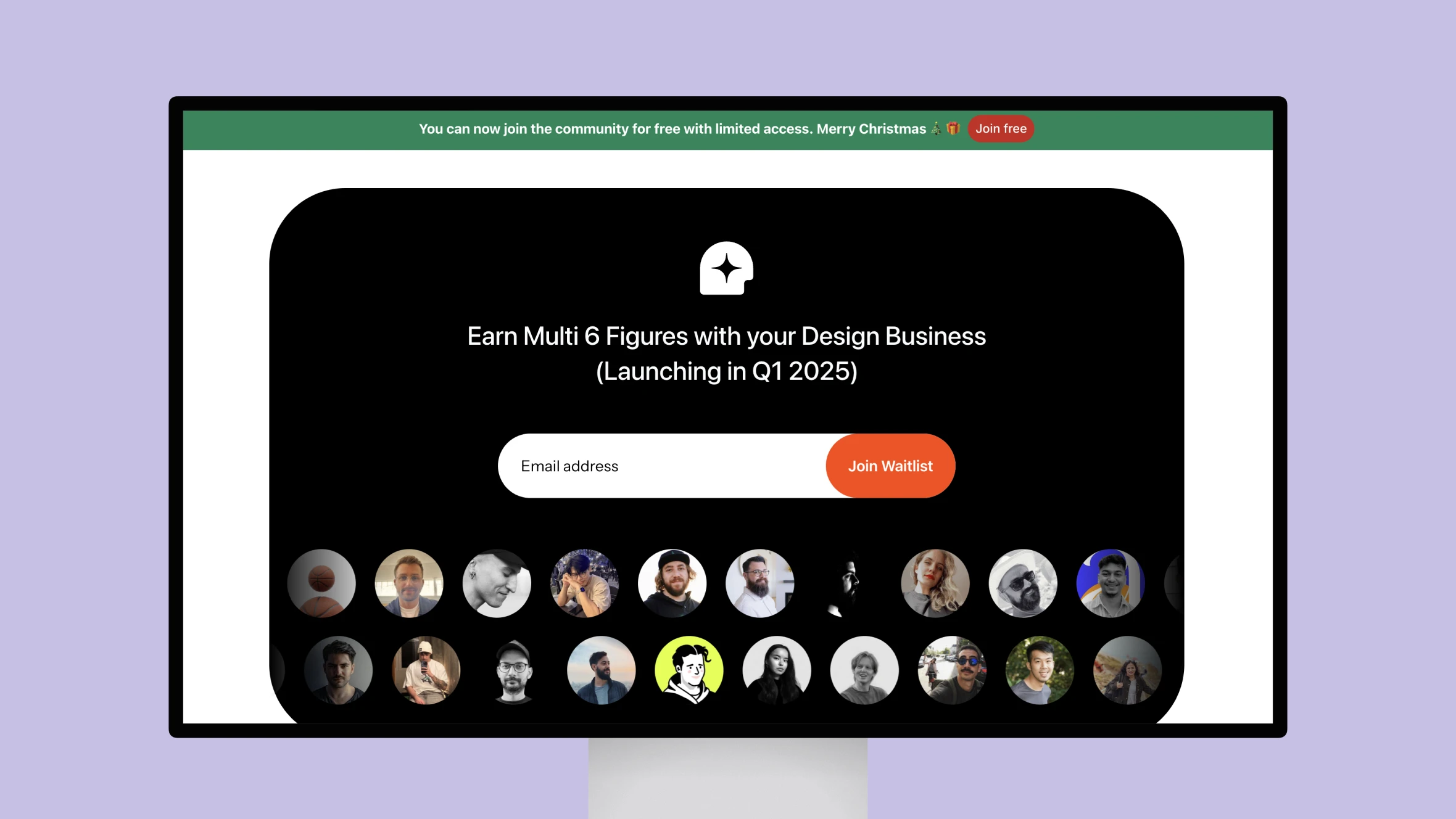 Webpage promoting design business waitlist sign-up for 2025