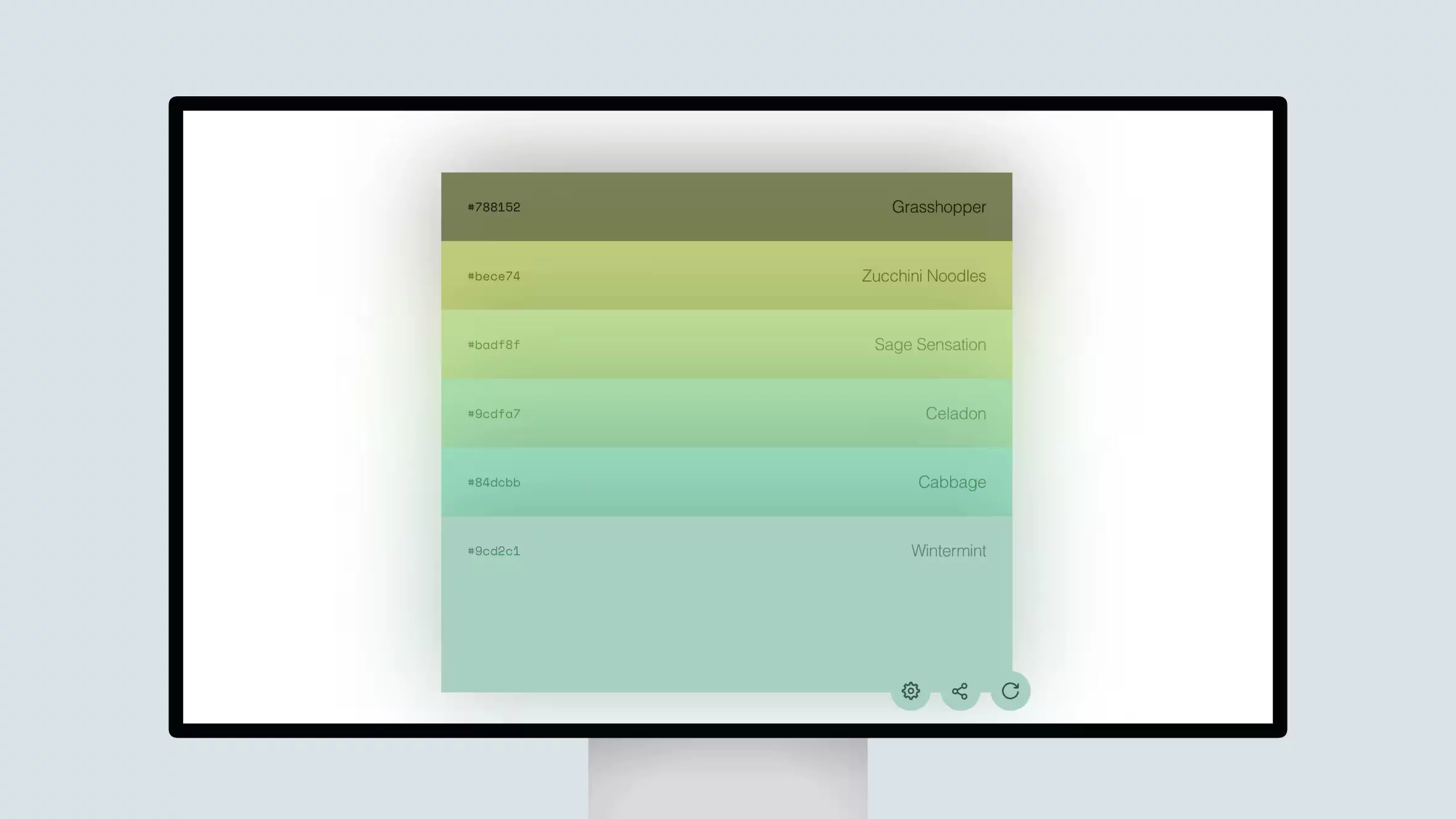 Color palette with names and hex codes on screen