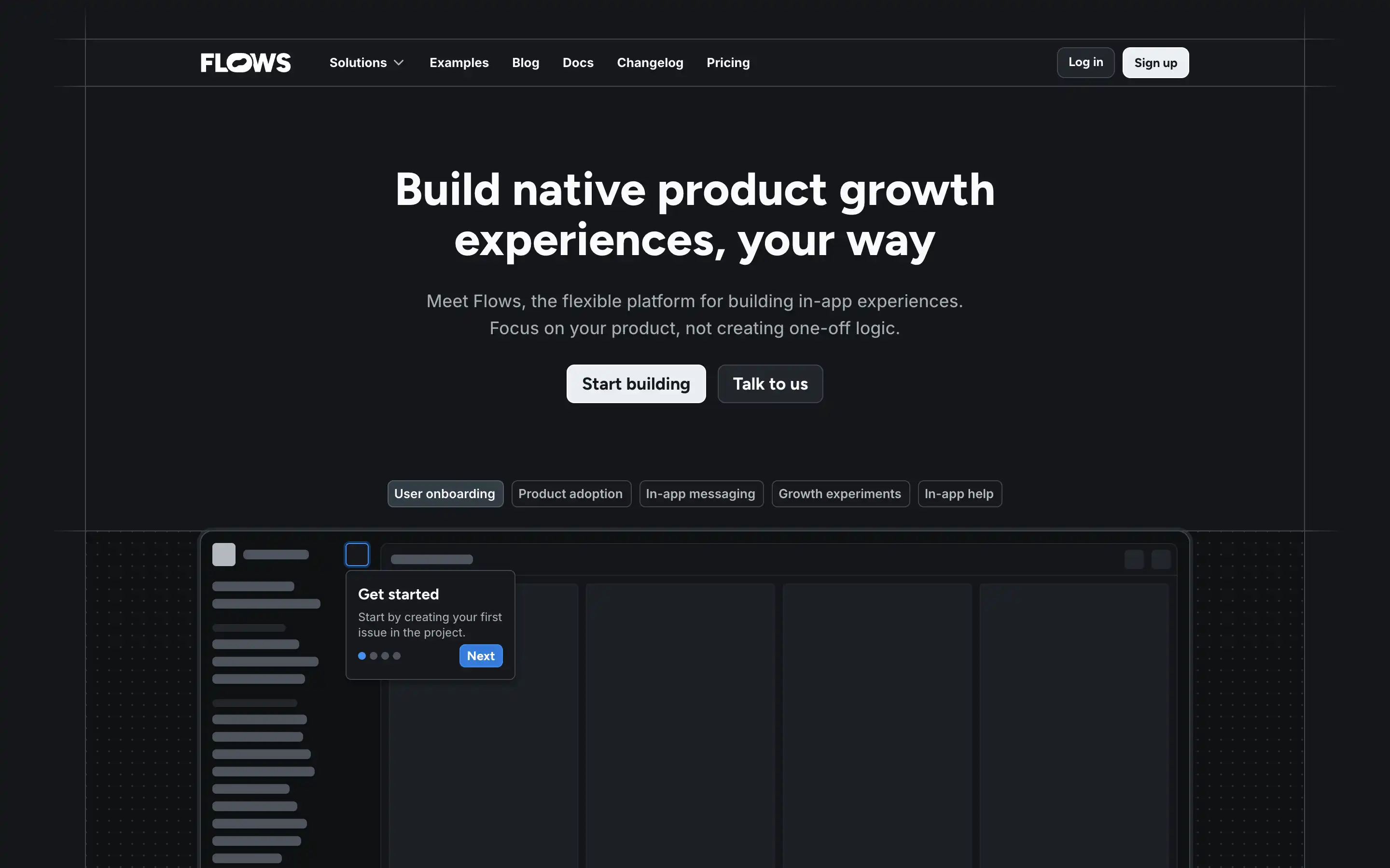Flows homepage promoting product growth platform