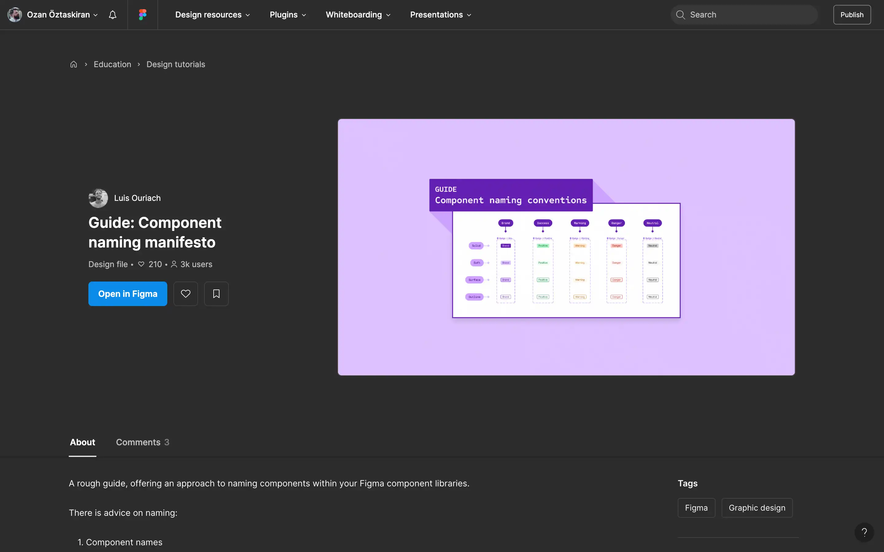 Figma component naming guide displayed on a purple background.