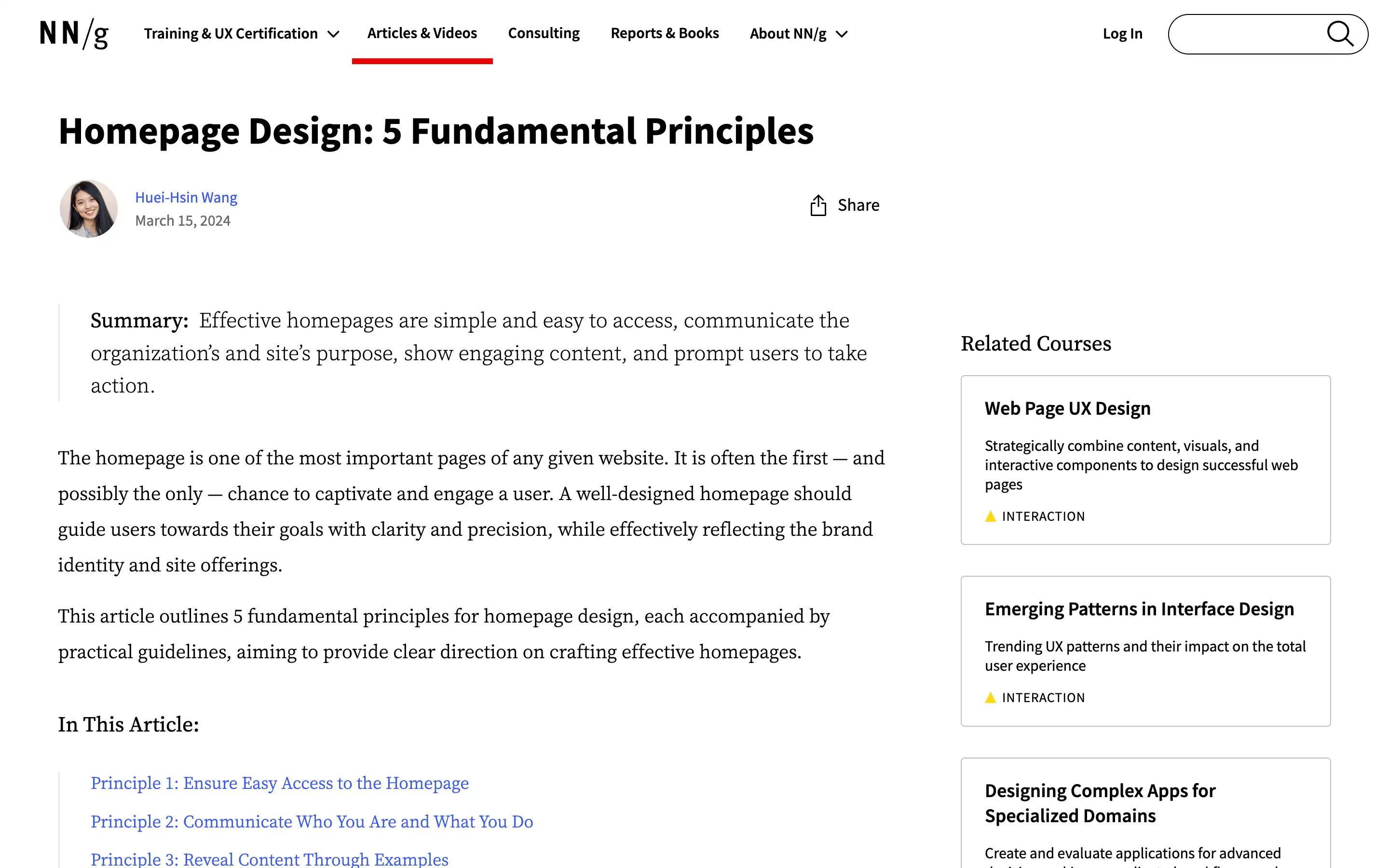 Homepage design article on 5 key principles.