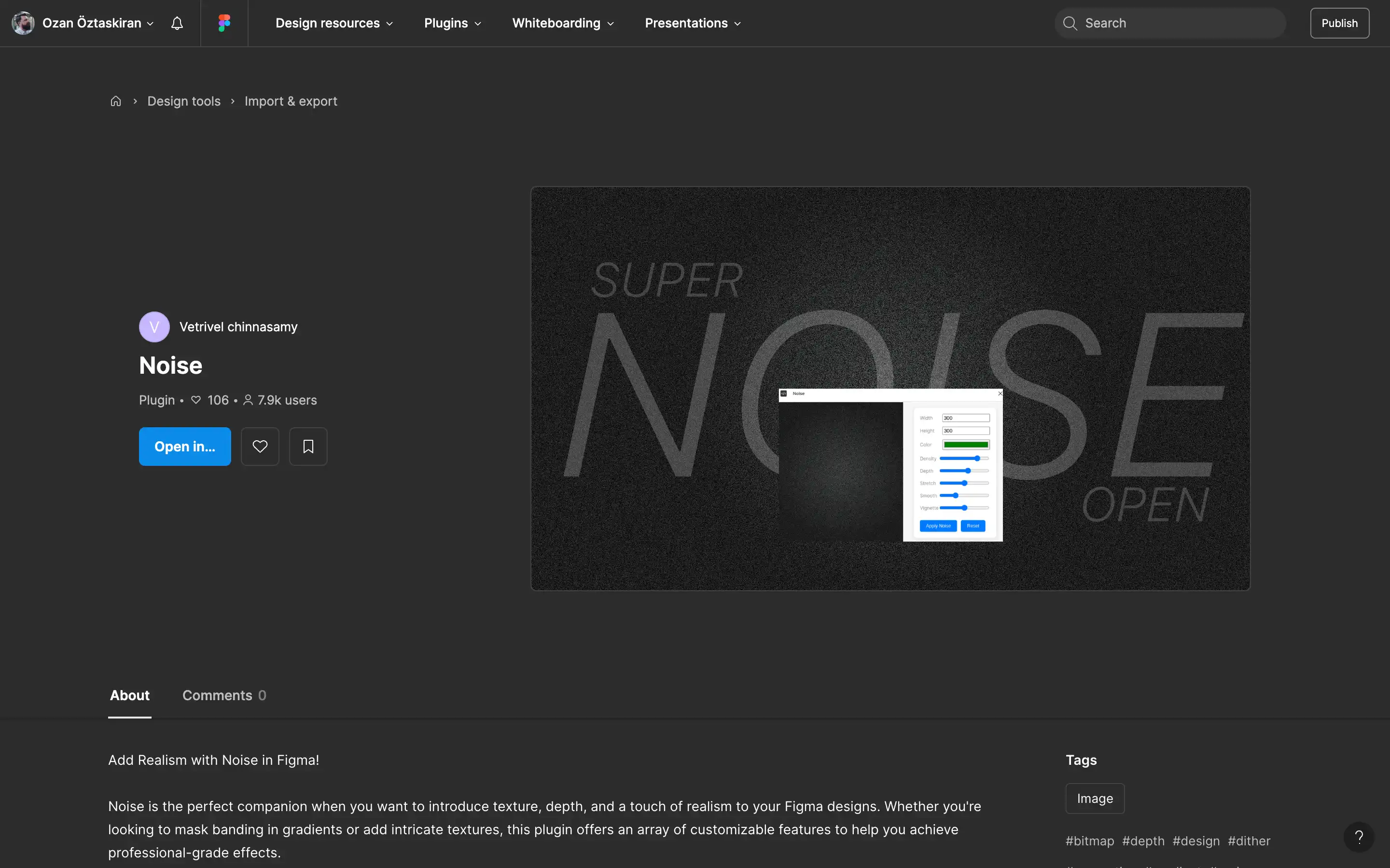 Figma Noise plugin interface for texture effects.